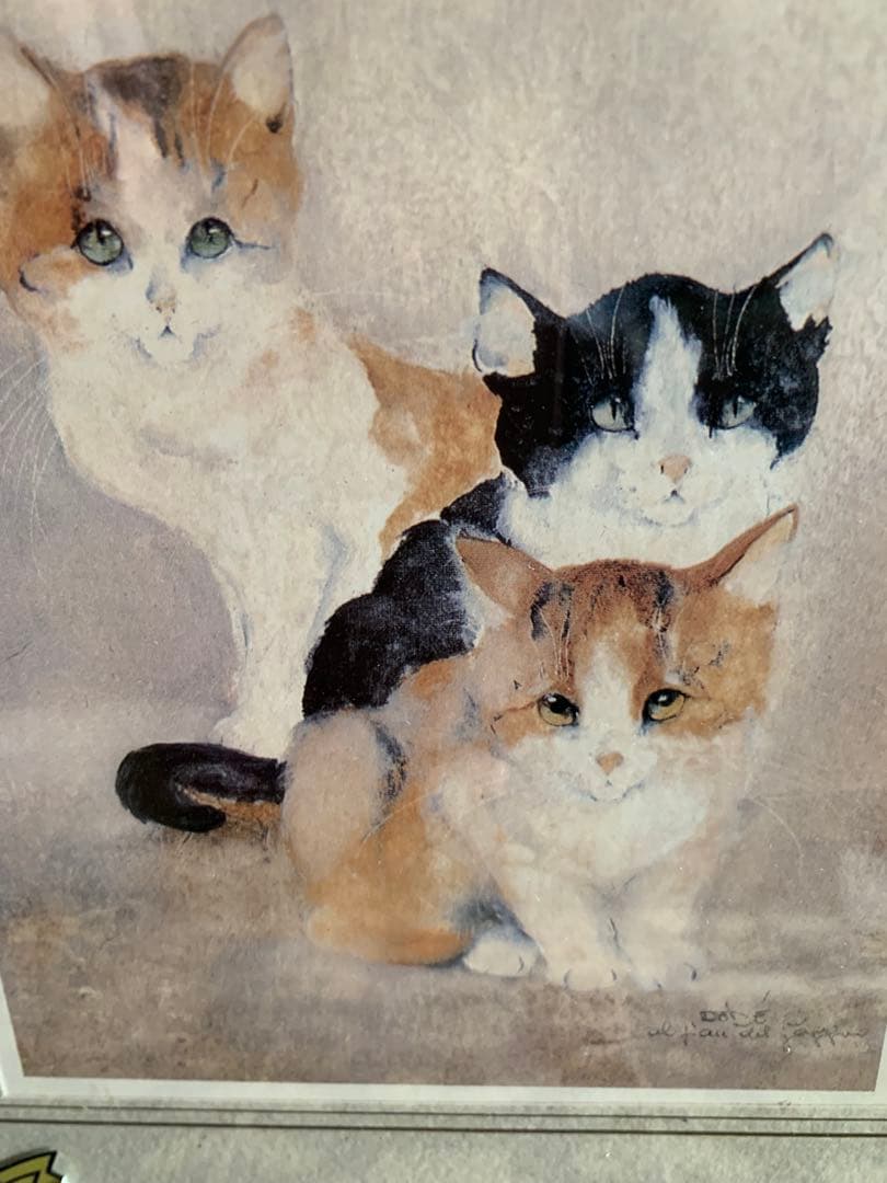 新品ドマンイタリア製インテリアアート額装複製画水彩画クロシロ猫