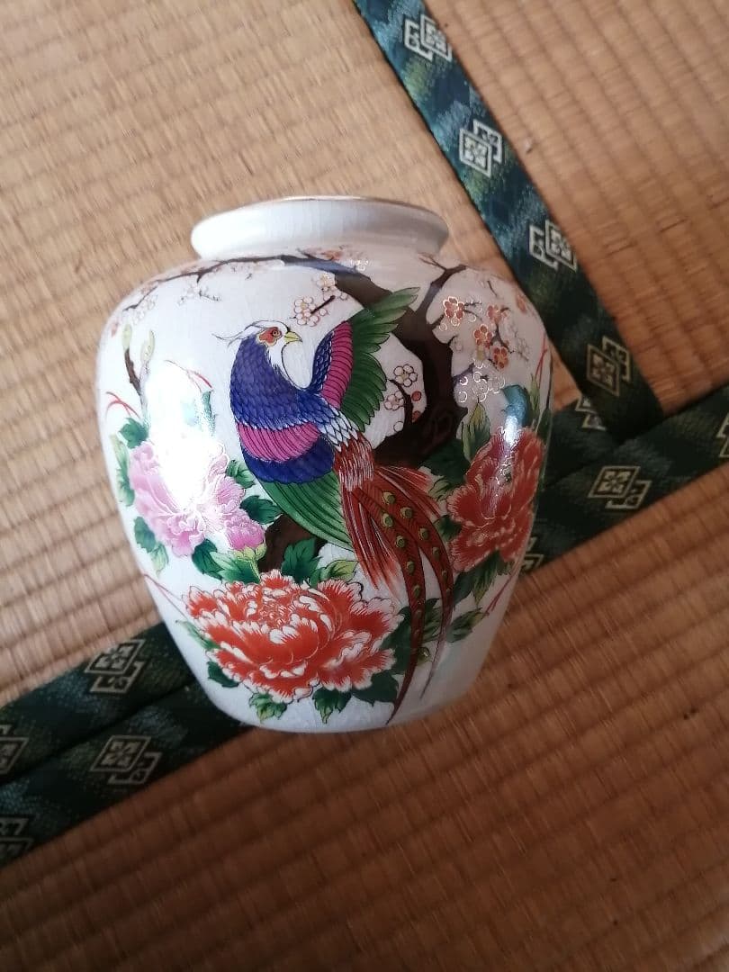 九谷焼 清峰作 花鳥柄 花瓶 牡丹