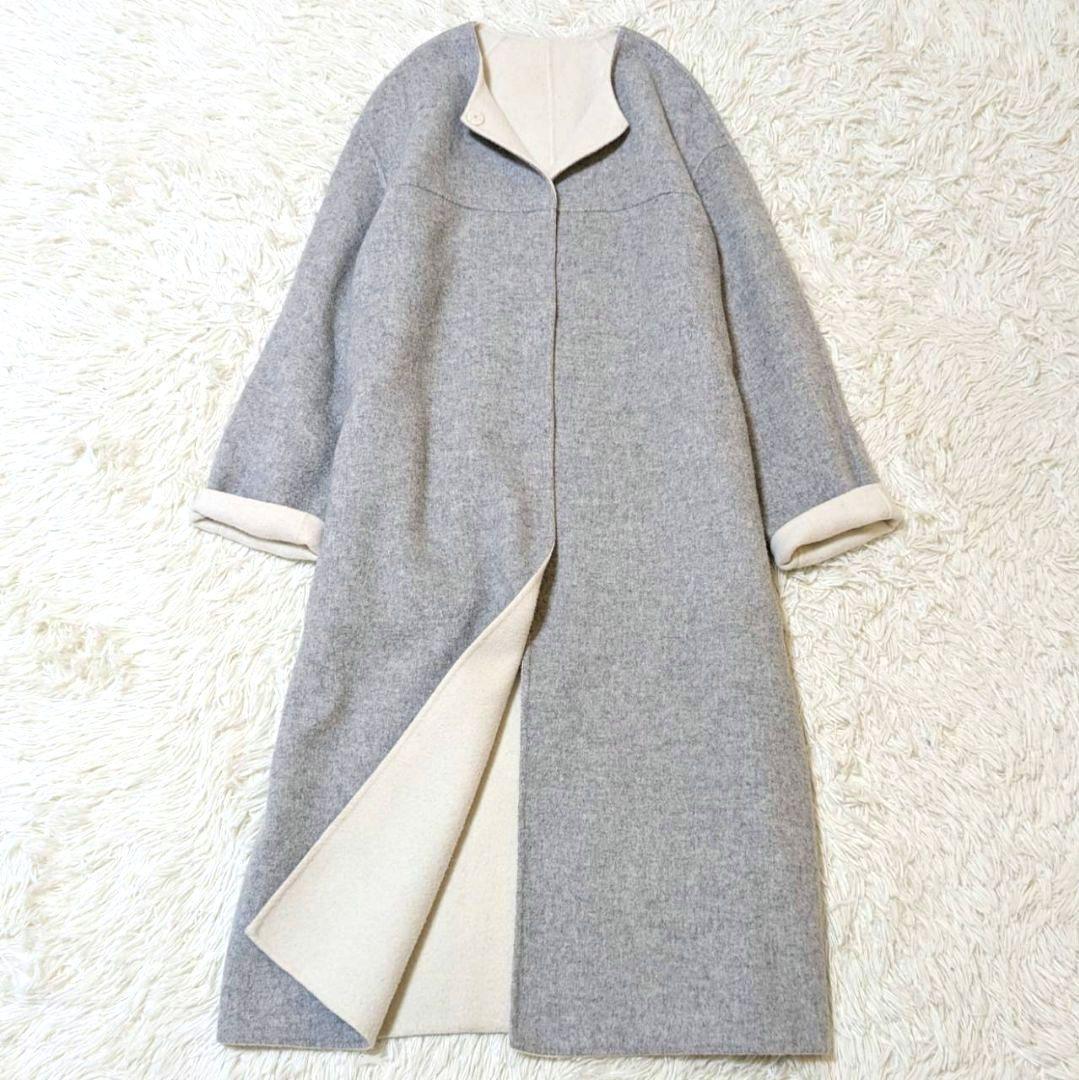 アルアバイル ノーカラーコート ロング リバーシブル グレー × ホワイト S