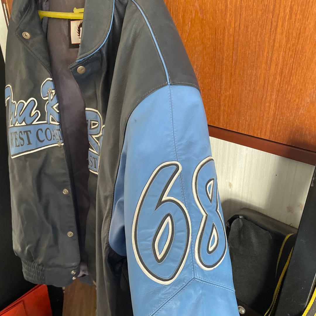 スタジャン 黒/青　本革　オリジナル