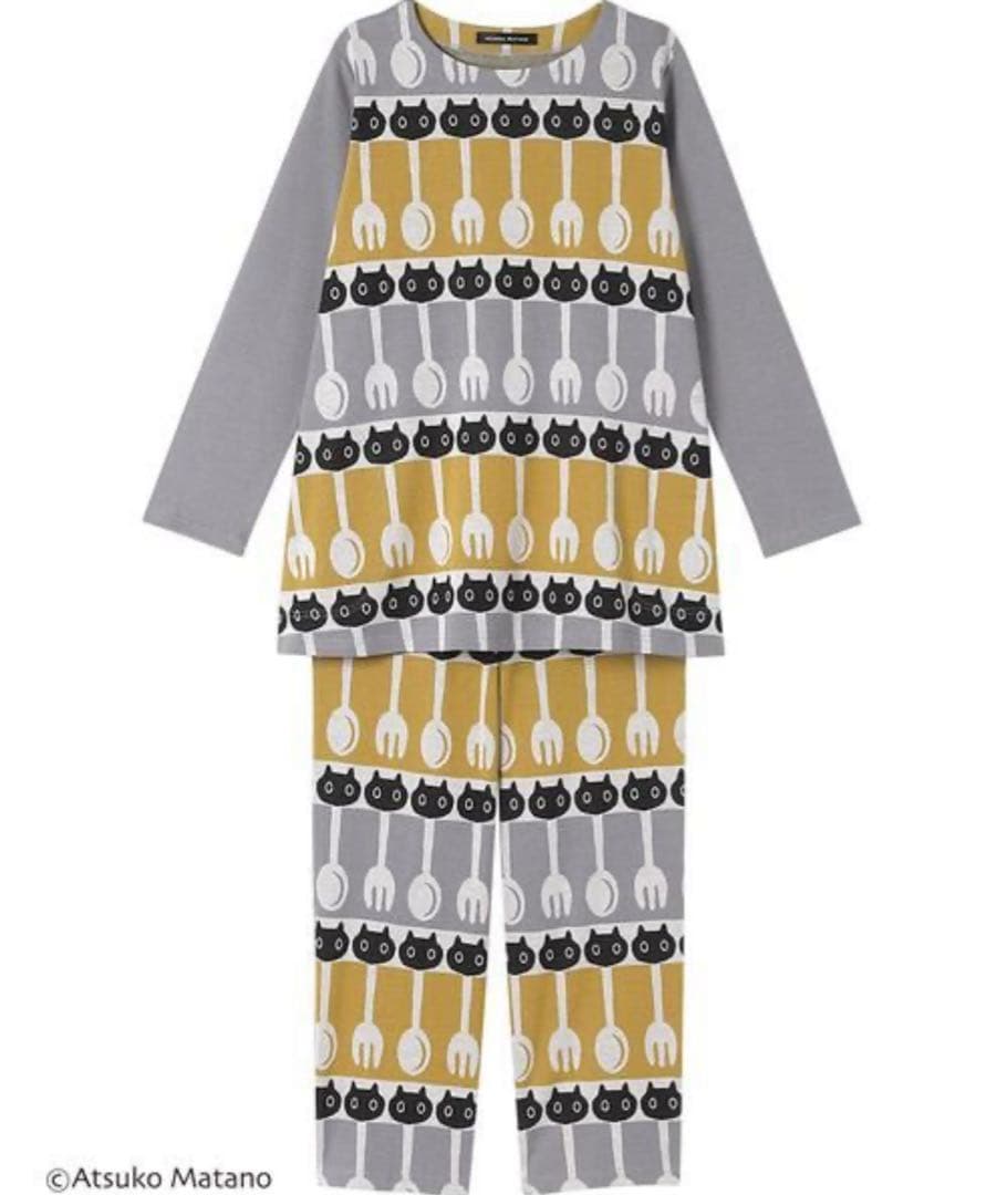新品 マタノアツコ パジャマ 猫 メメ 長袖 長ズボン フォーク&スプーンGY