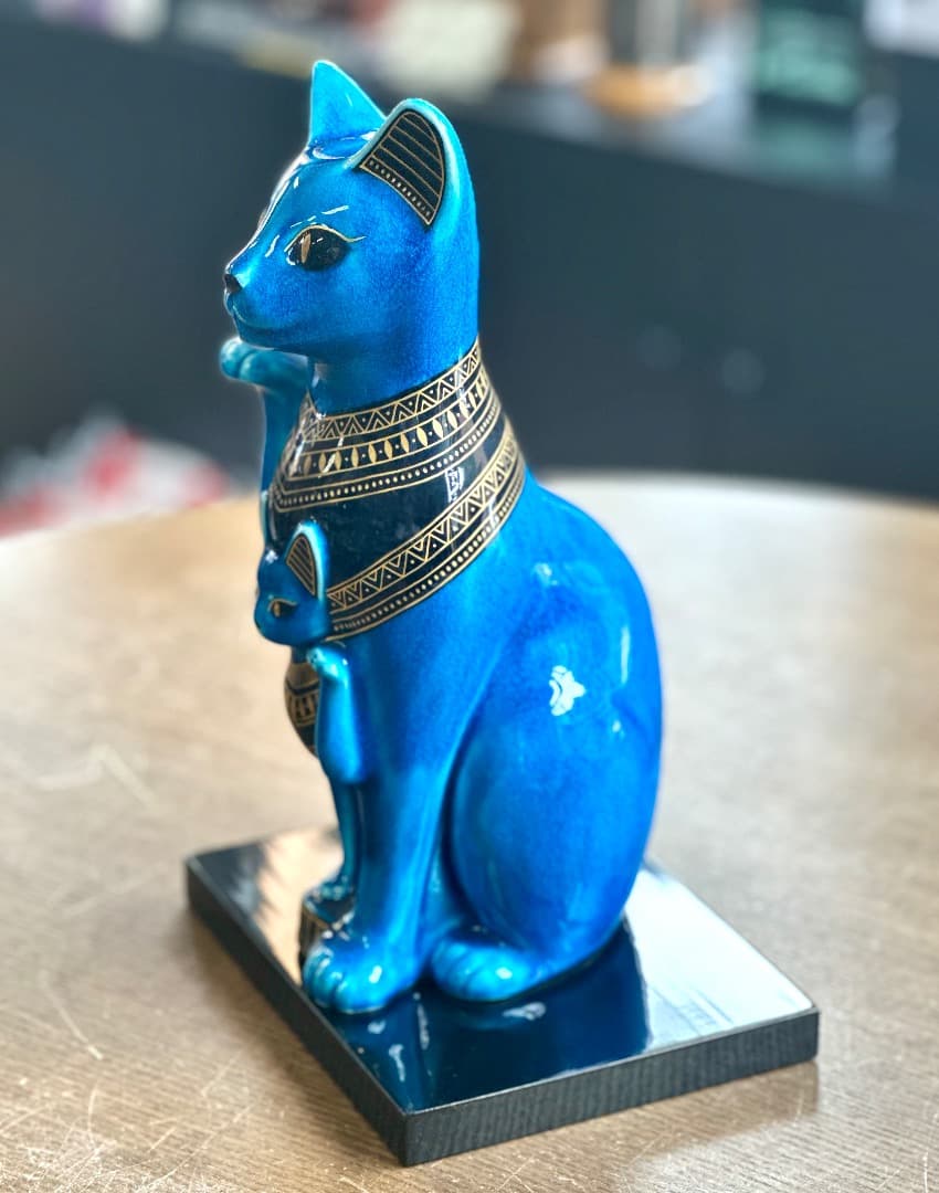 再値下げ 新品 青釉 オーナメント バステト 青釉金彩 親子 古代