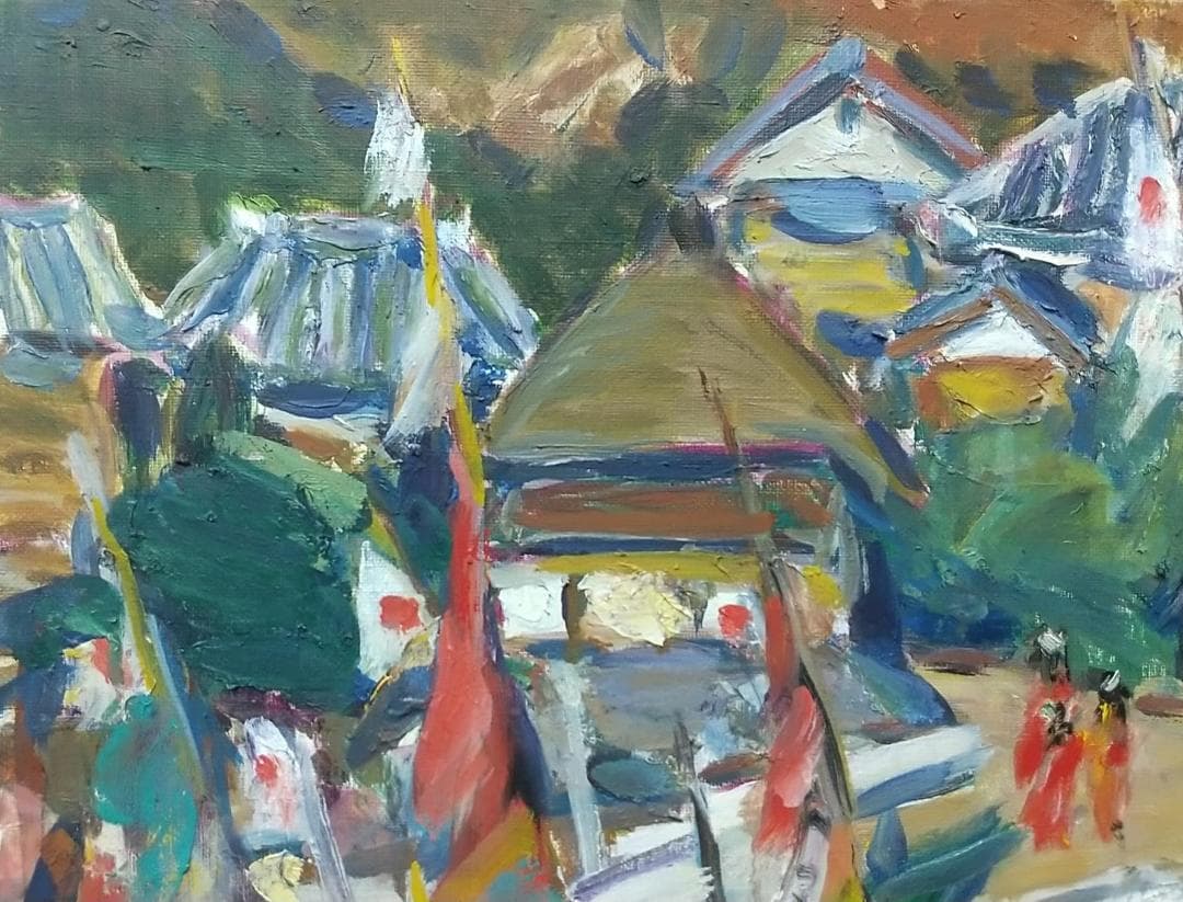 「正月の漁村」A 房州川津浜 F6 '68 油絵 絵画 油彩画 日の丸 国旗