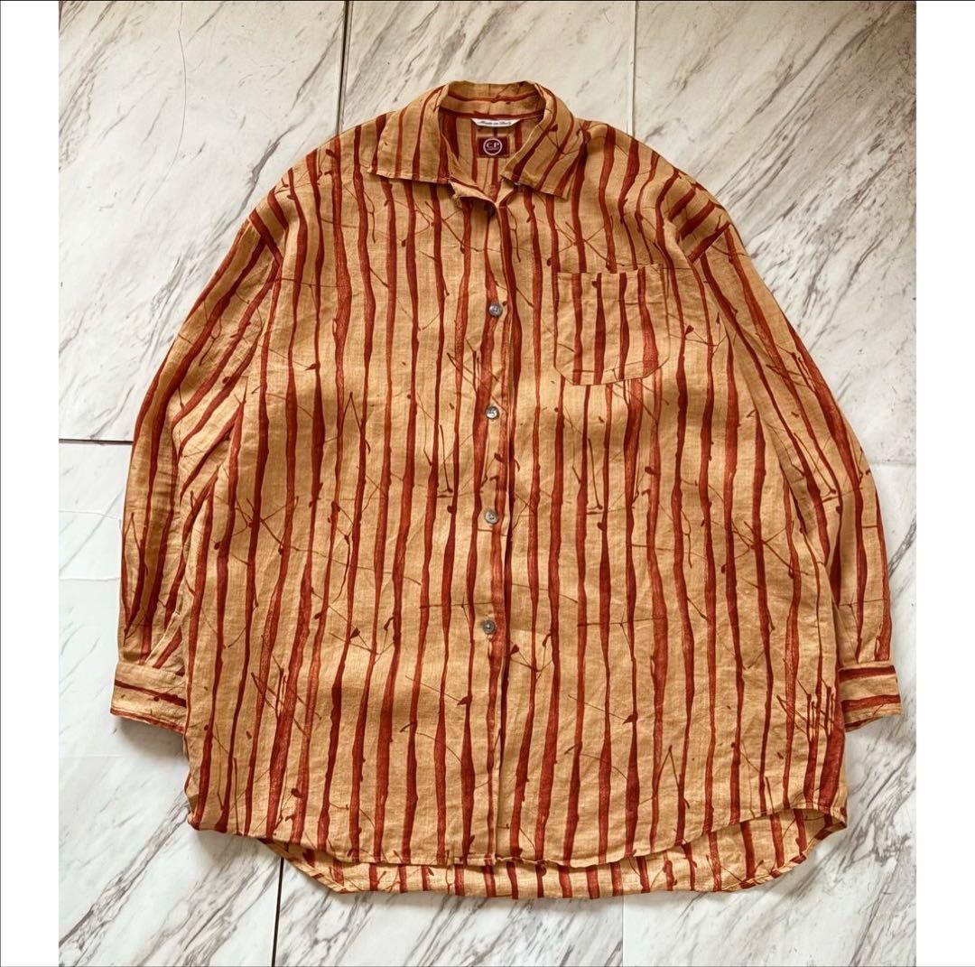 vintage 90s c.p.company 茶色 歪ストライプ リネンシャツ