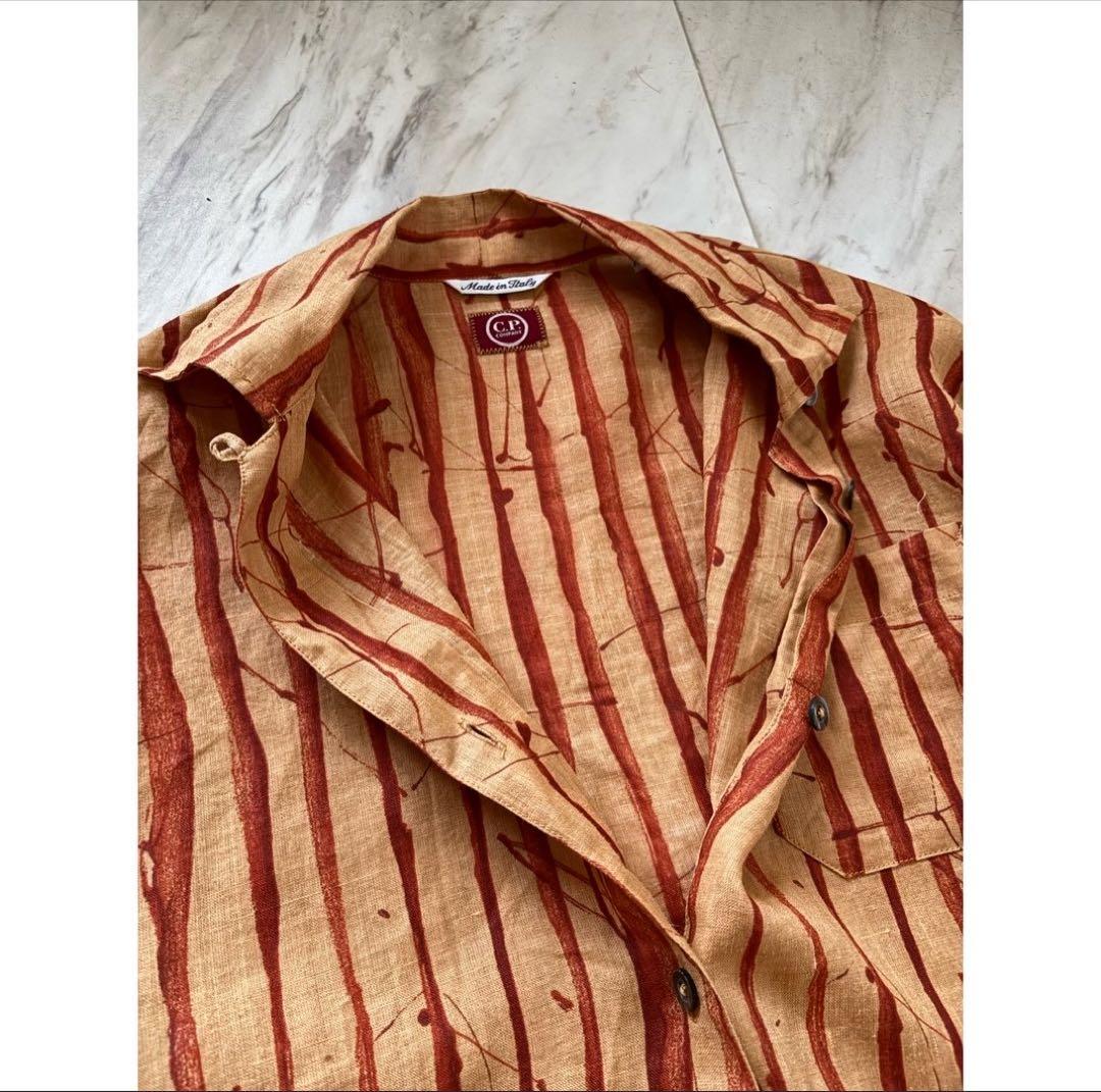 vintage 90s c.p.company 茶色 歪ストライプ リネンシャツ
