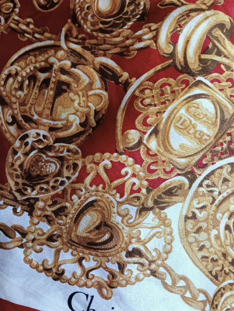 美品　クリスチャンディオール　絹シルク　大判　スカーフ　赤　ゴールド　クリスマス