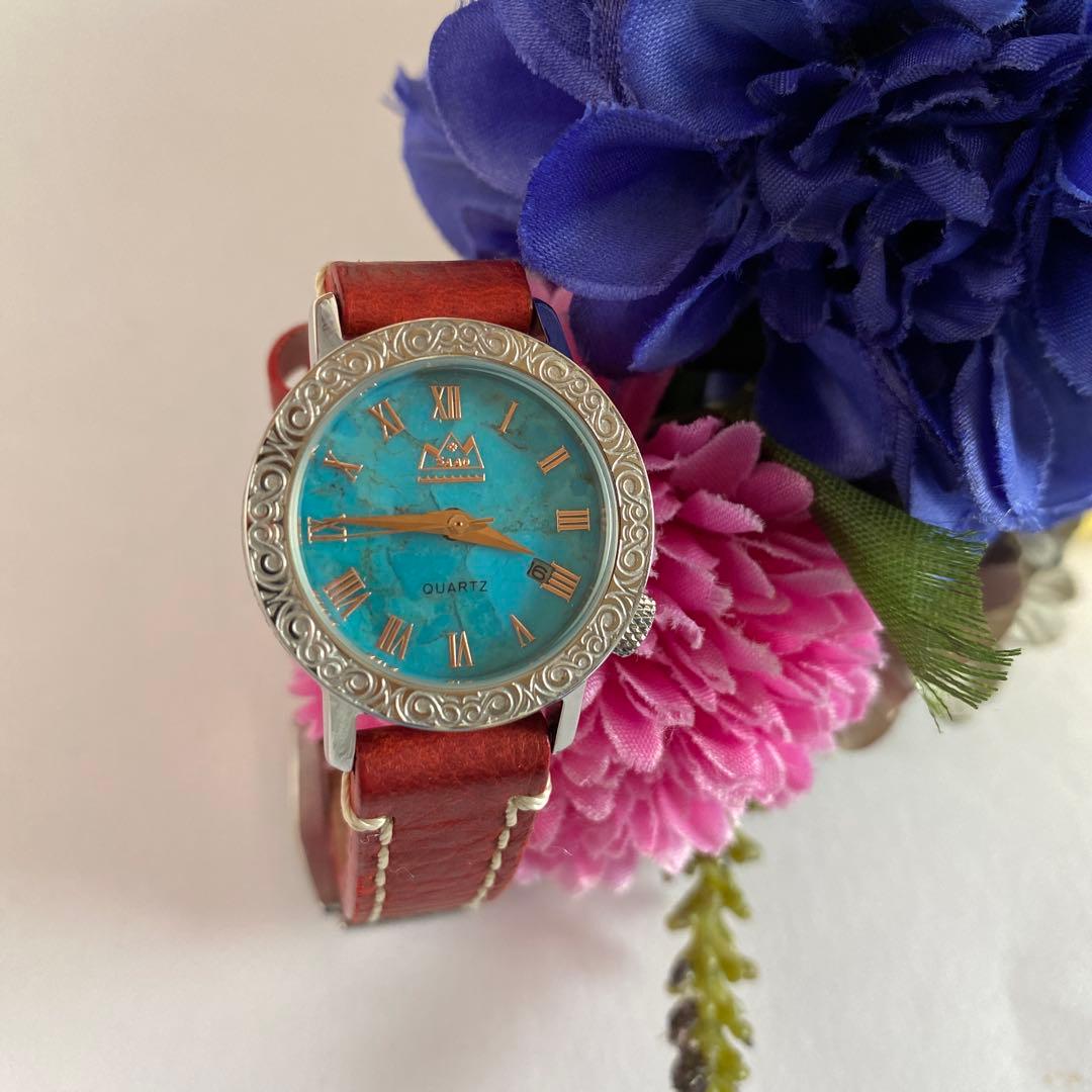 希少デザイン】SAAD サード 腕時計 ターコイズ レザー メンズ クォーツ