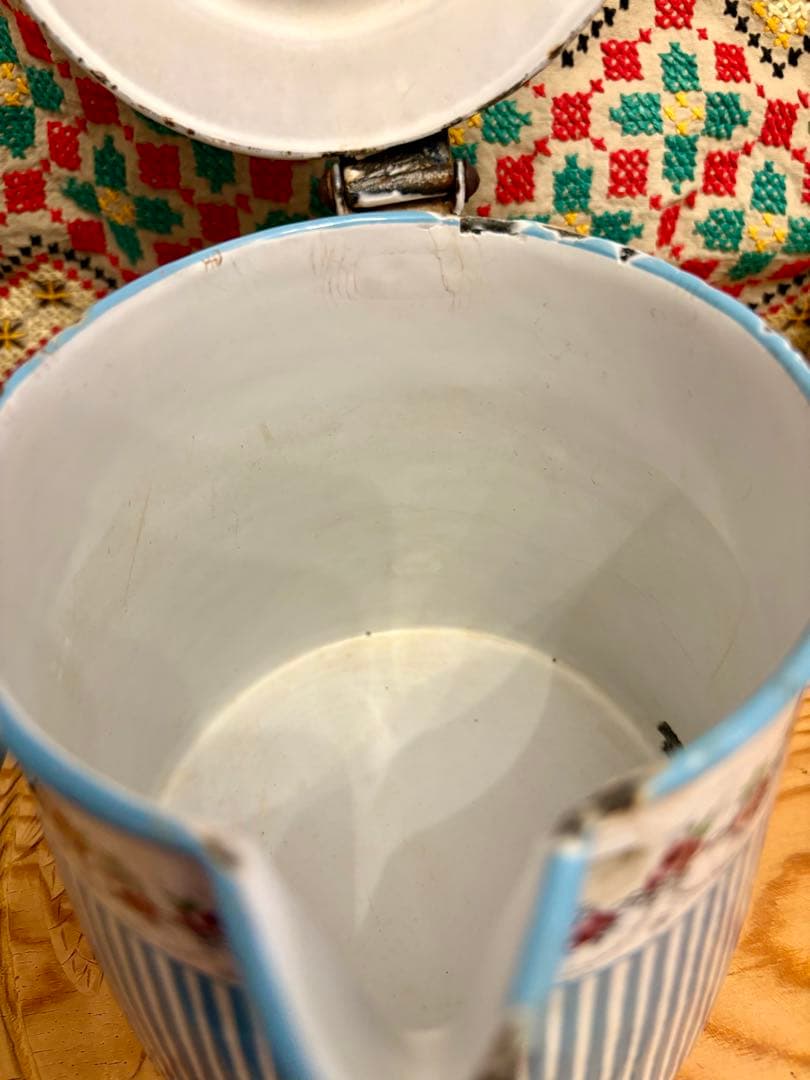 ◆激レア希少品◆アンティークホーローBB社水色ローズガーランド柄♡蓋付ピッチャー