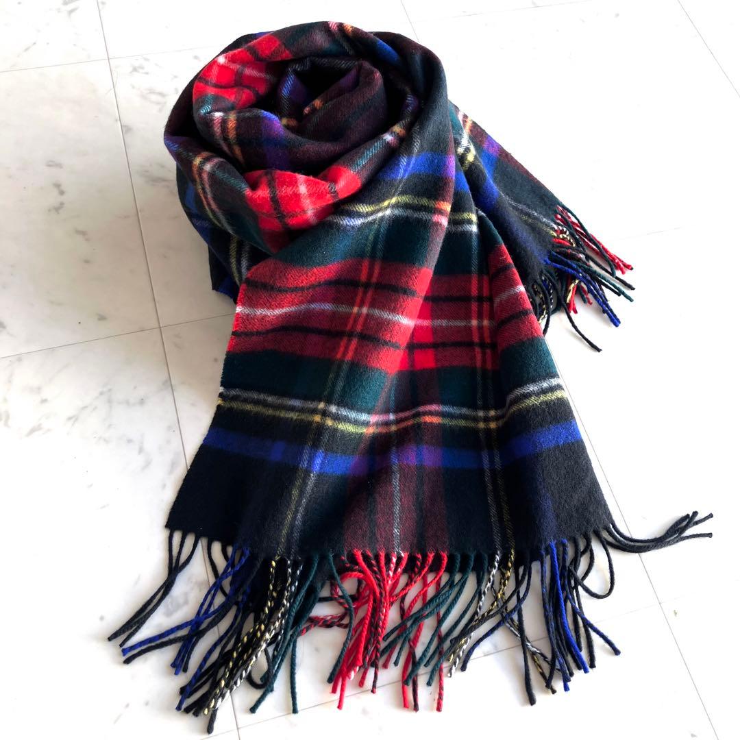 美品 ジョンストンズ カシミヤ100％ 大判ストール ブラックスチュワート