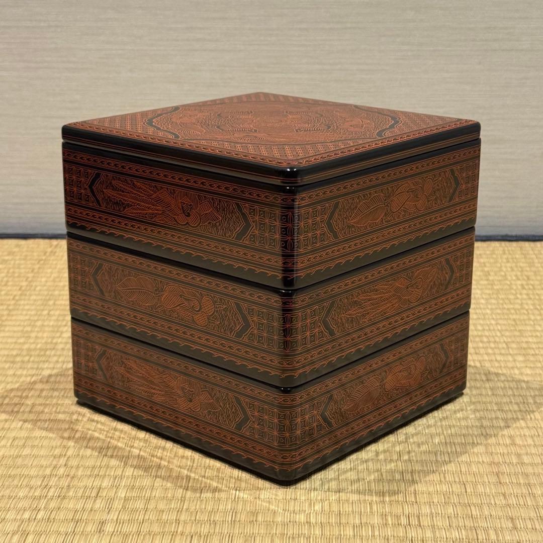 讃岐漆器 筒井隆之 造 蒟醤塗 三段重箱 伝統工芸 讃岐 香川漆器 茶懐石