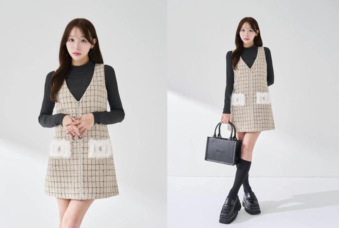 ダーリッチ darich フロントファスナーツイードミニワンピー