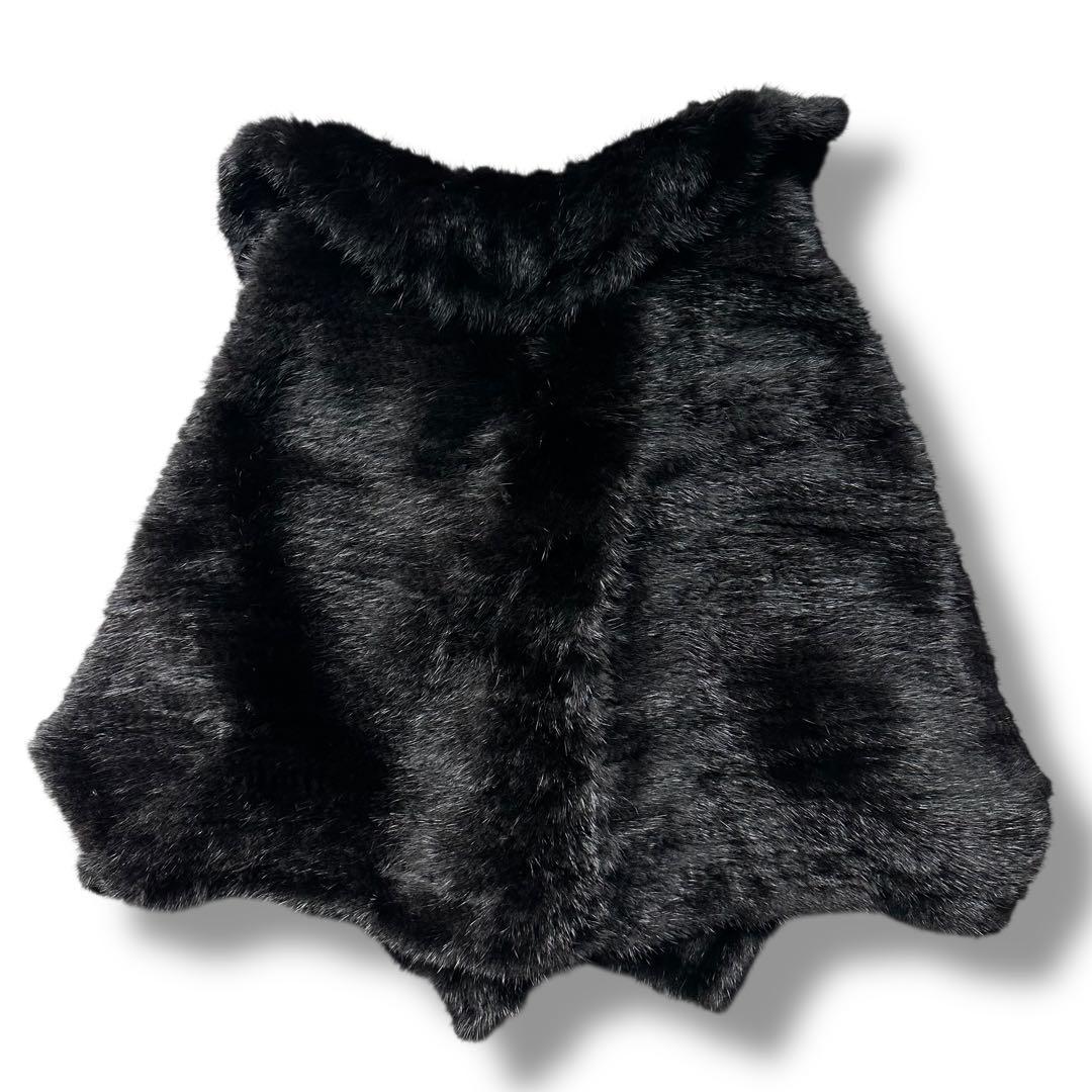 極美品 ミンク リアルファー ポンチョ 毛皮 M相当 黒 レディース 三陽商会