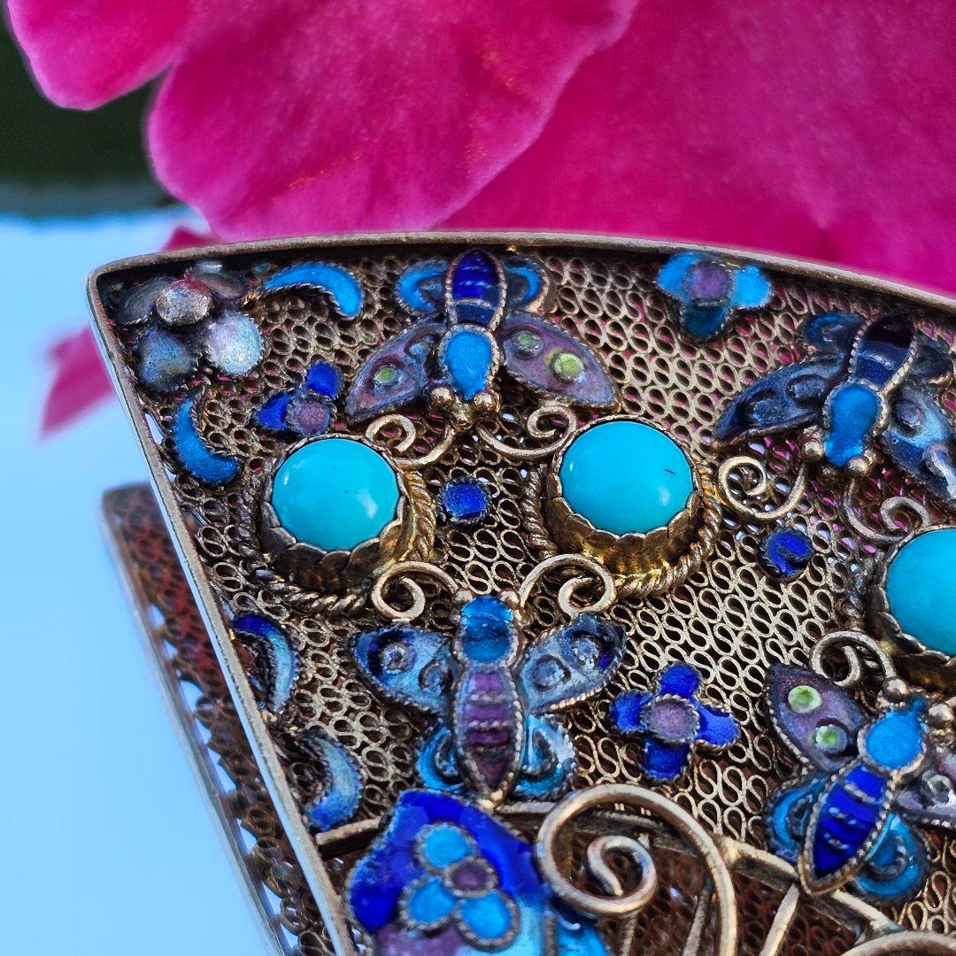 264】中国七宝 銀線細工 蝶々 ヴィンテージブローチ ターコイズ 扇