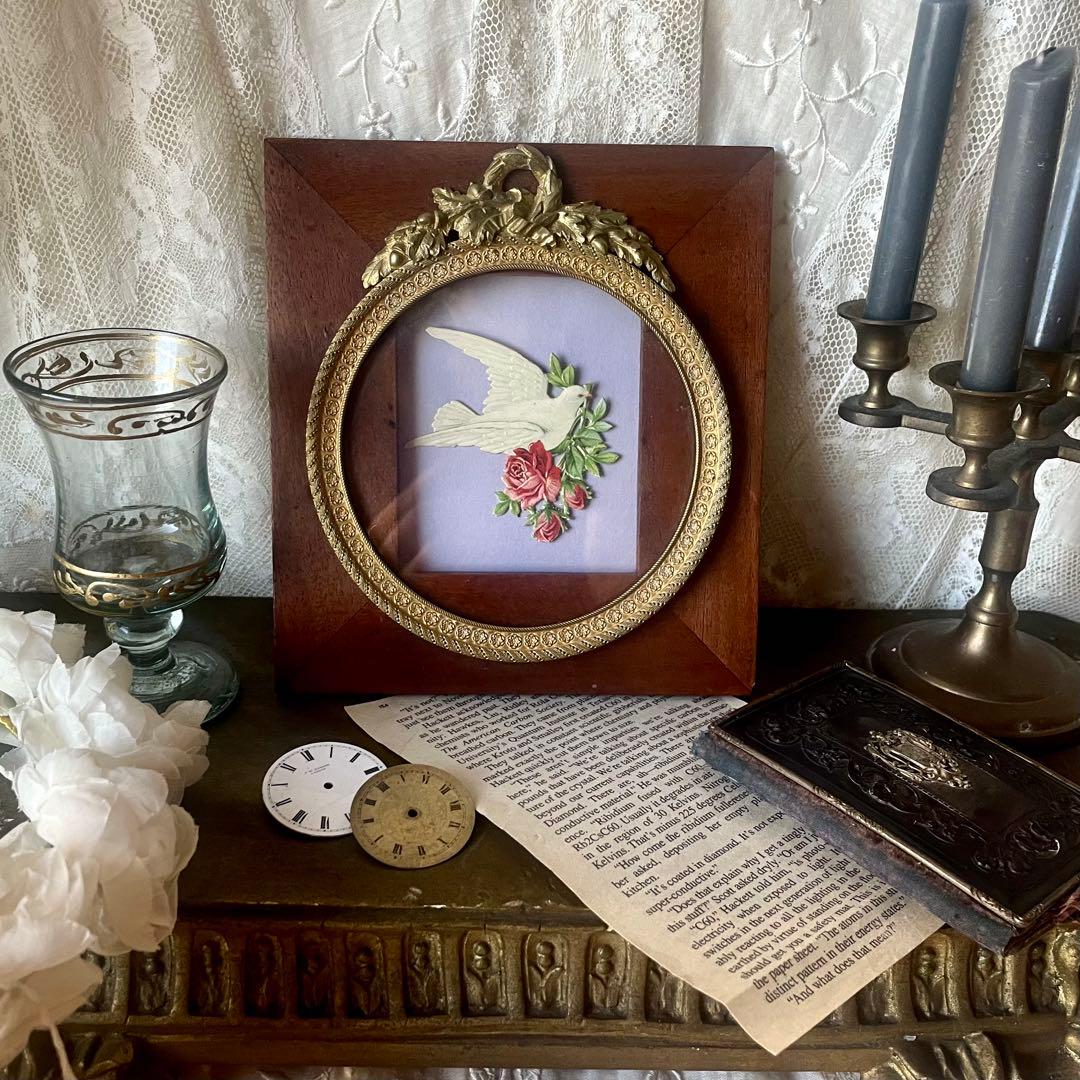 どんぐりレリーフダブルフレーム　ブロンズ&ウッド　ガラス入りフランスアンティーク