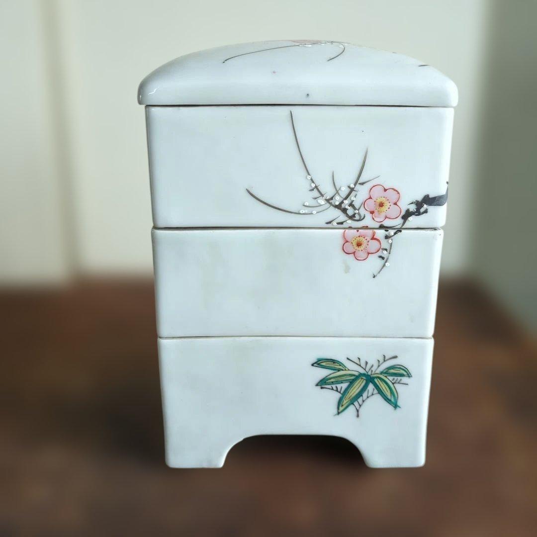 骨董 段重箱 陶器 松竹梅 三段重 アンティーク 物入 おせち