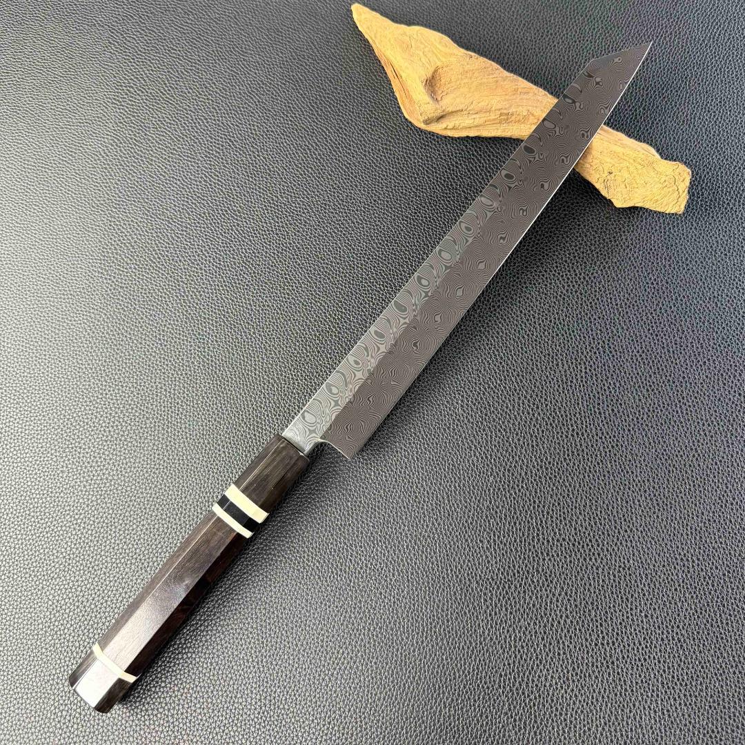 9283新品 ダマスカス 切付包丁9寸 海流紋105層 黒檀黒水牛白三本巻八角