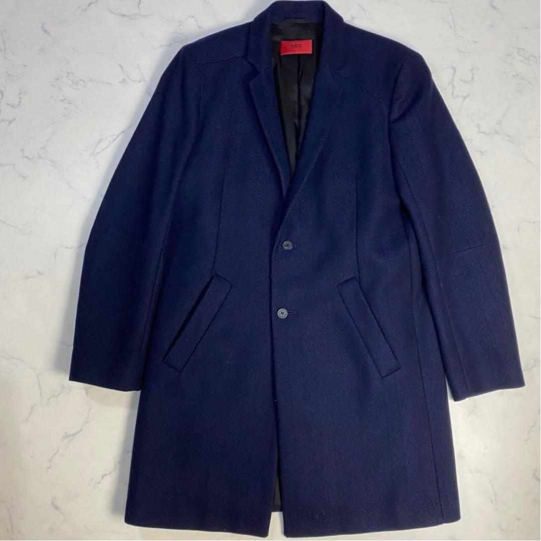 ❤️ヒューゴボス　チェスターコートL相当ヘリンボーン上品ネイビー定価約11万暖かい ❤️ヒューゴボス チェスターコートL相当ヘリンボーン上品ネイビー定価