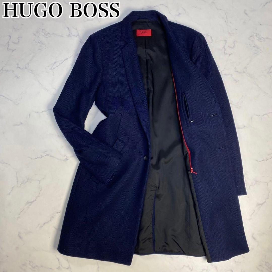 ❤️ヒューゴボス チェスターコートL相当ヘリンボーン上品ネイビー定価