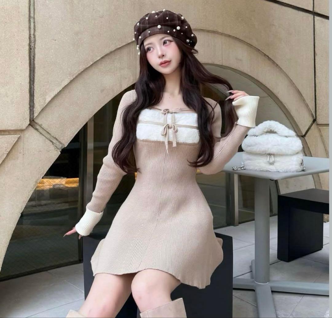 ♡ ダーリッチ Darich ♡リボンファーフレアニットミニワンピース　ベージュ