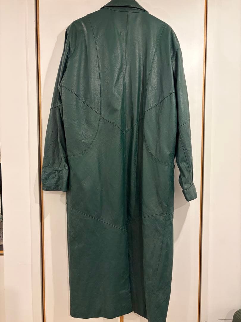 90s ユーロ　ビンテージ古着　シンプル　ロング丈　レザーコート　緑