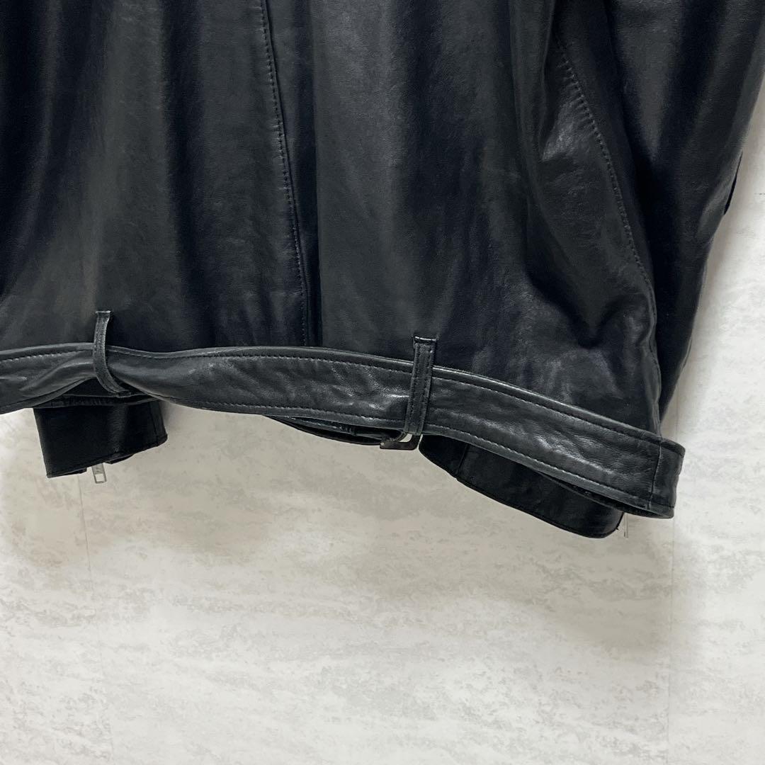 美品『グラム』シングルライダースレザージャケット 羊革 ベルト ダブルジップ 黒