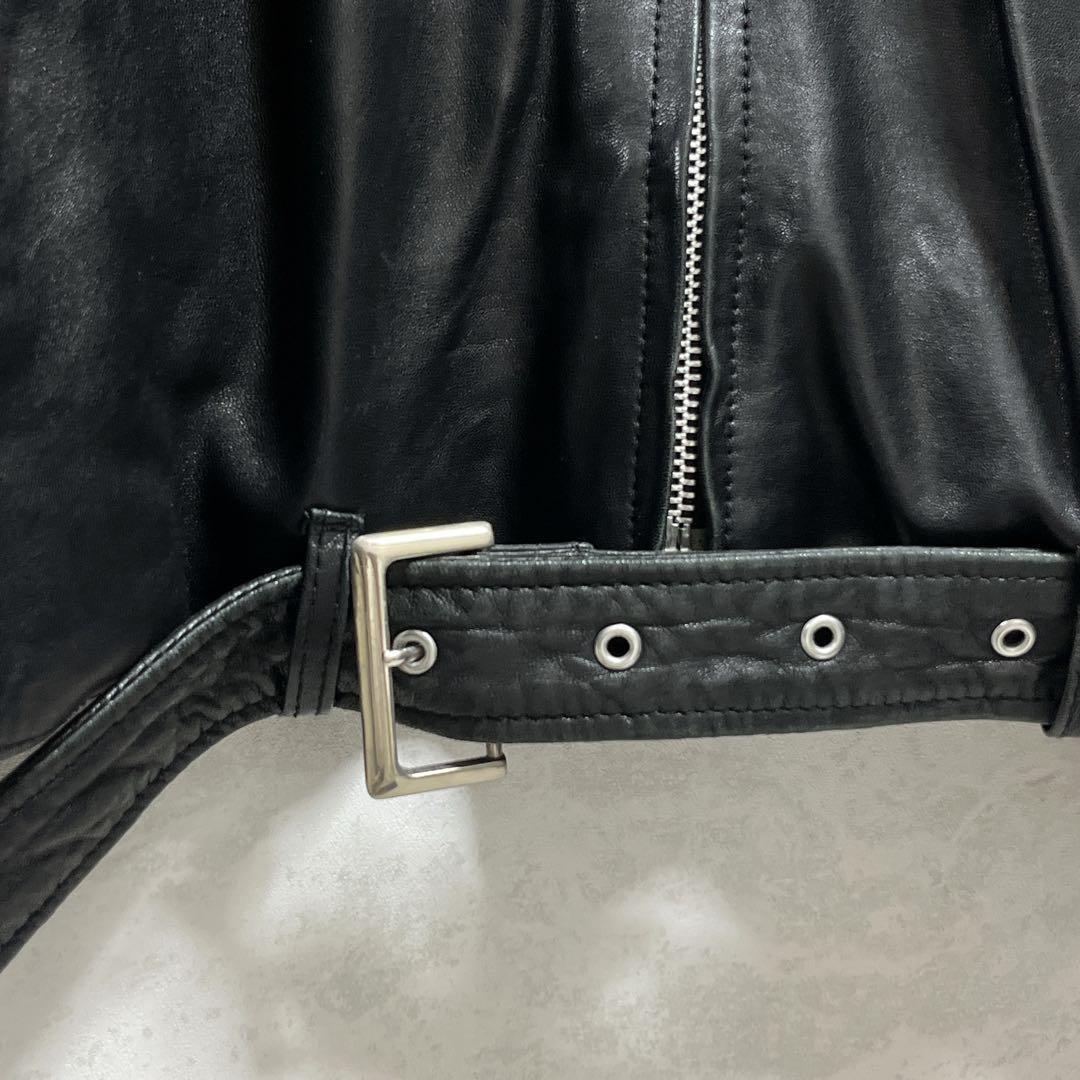 美品『グラム』シングルライダースレザージャケット 羊革 ベルト ダブルジップ 黒