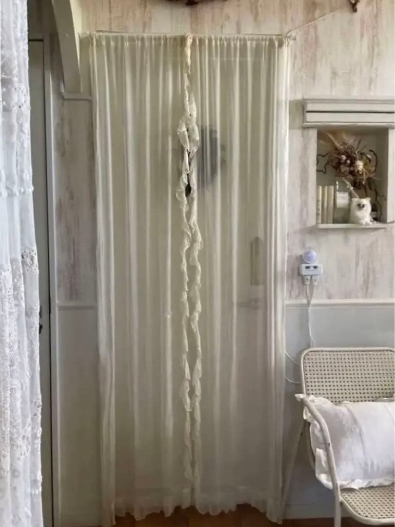 フランスアンティーク　フランスの玄関ドア　エクリュ アンティークレース　カーテン