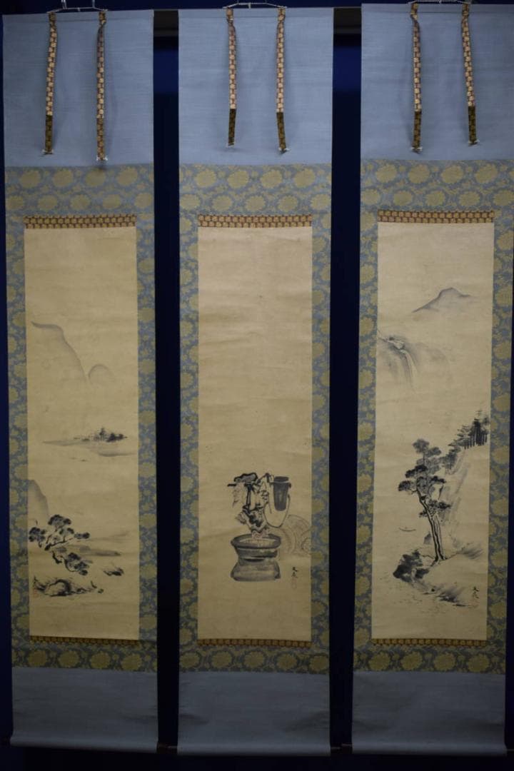 模写 谷文晁 寿老人山水図 絹表装 三幅 布袋屋掛軸HG 37 絵画