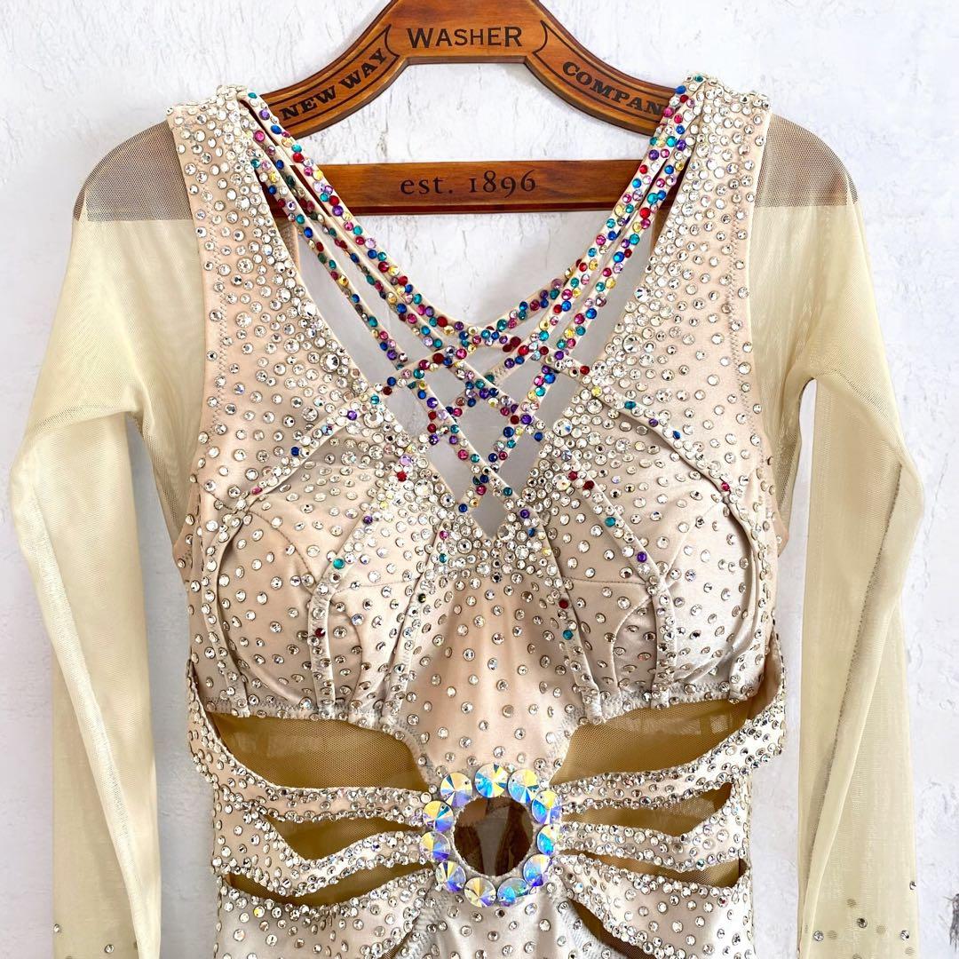 高級★シルック 社交ダンス ラテンドレス 衣装 タッセル シルバー ベージュ