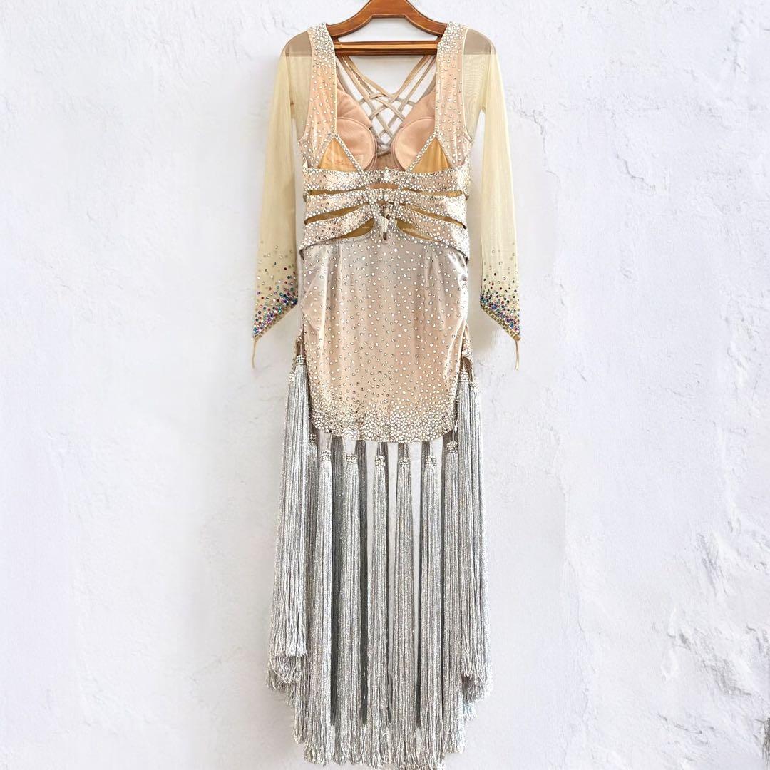 高級★シルック 社交ダンス ラテンドレス 衣装 タッセル シルバー ベージュ