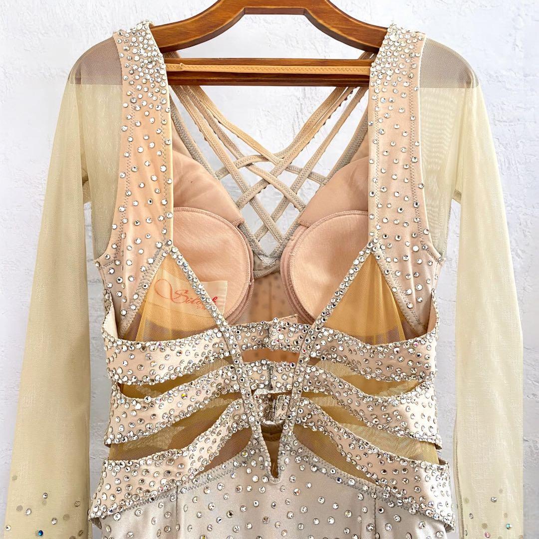 高級★シルック 社交ダンス ラテンドレス 衣装 タッセル シルバー ベージュ