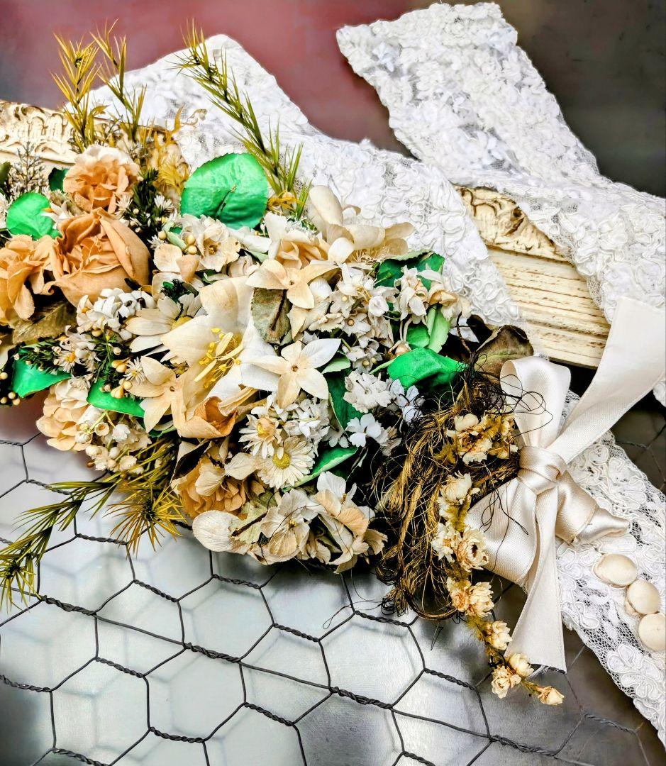 大きなマリアージュ布花ブーケ・レースロング手袋✨️フランスアンティーク２点セット