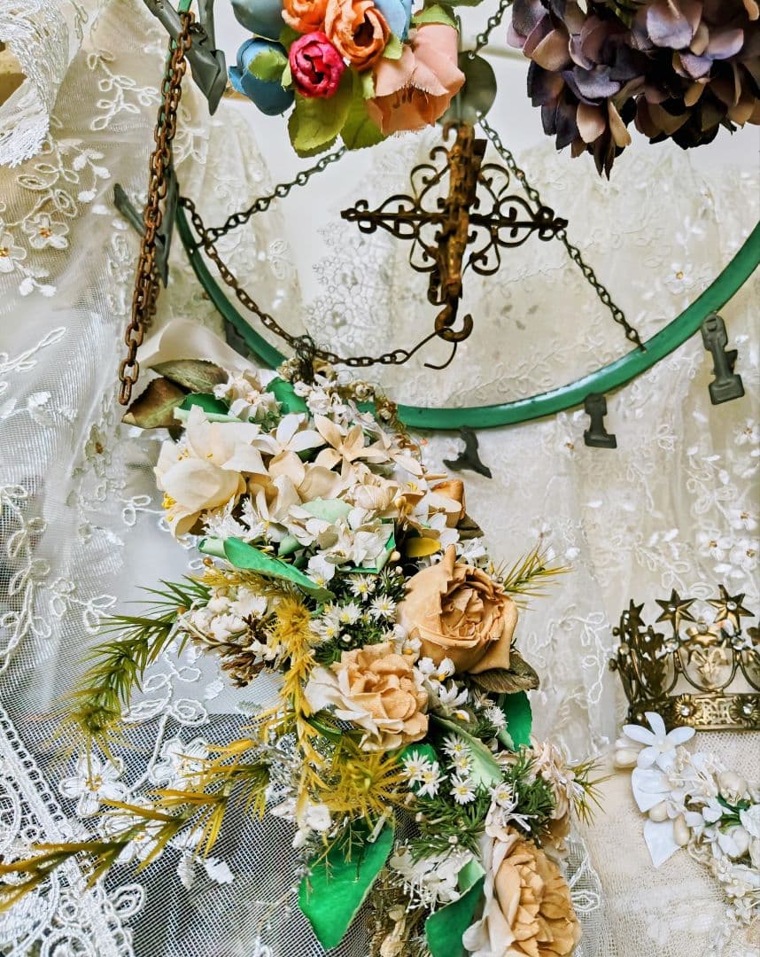 大きなマリアージュ布花ブーケ・レースロング手袋✨️フランスアンティーク２点セット