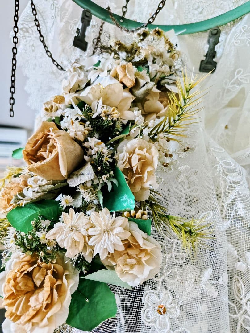 大きなマリアージュ布花ブーケ・レースロング手袋✨️フランスアンティーク２点セット