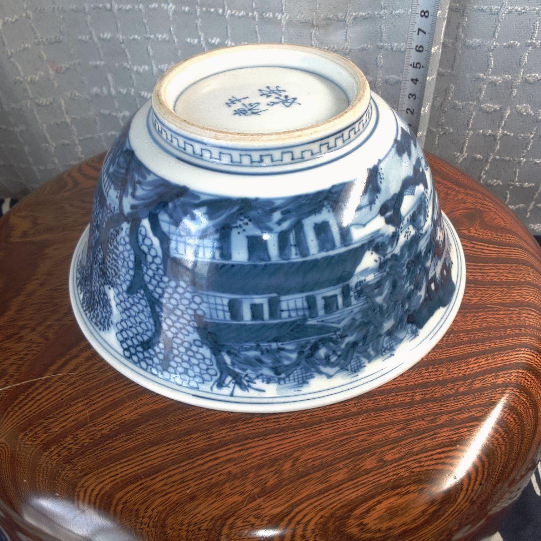 骨董2 青い風景画の陶器ボウル