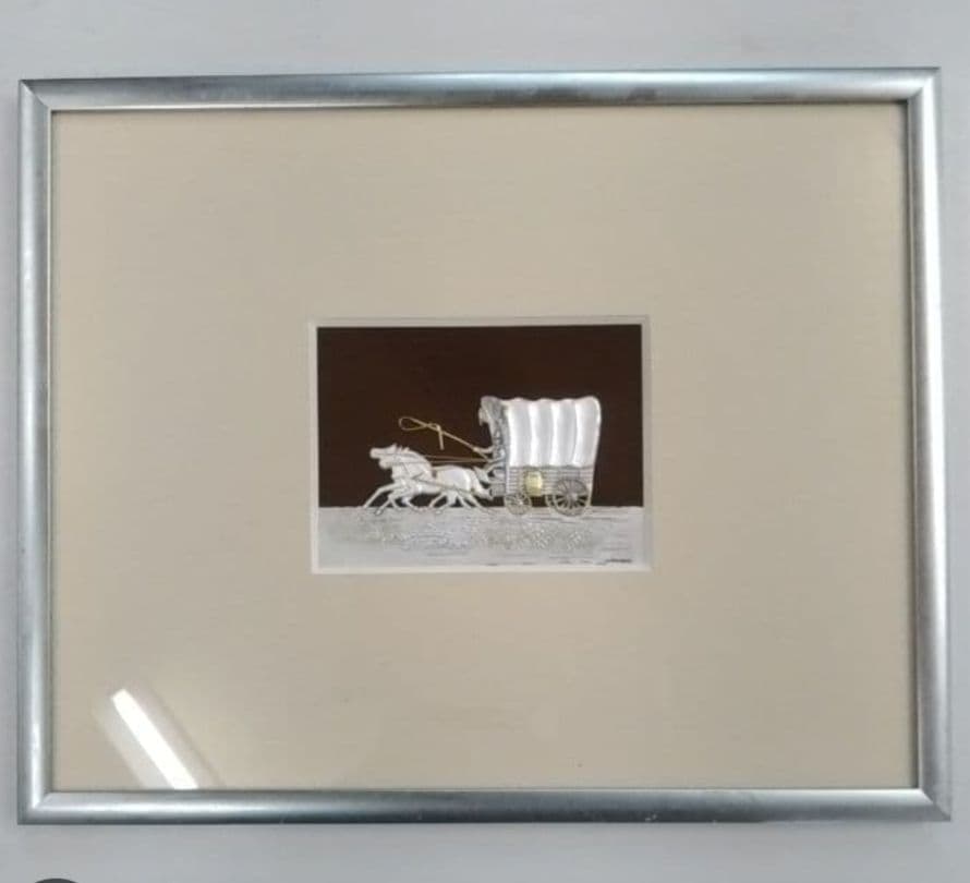 金属美術工芸品　武比古　純銀レリーフ額《幌馬車》装飾作品