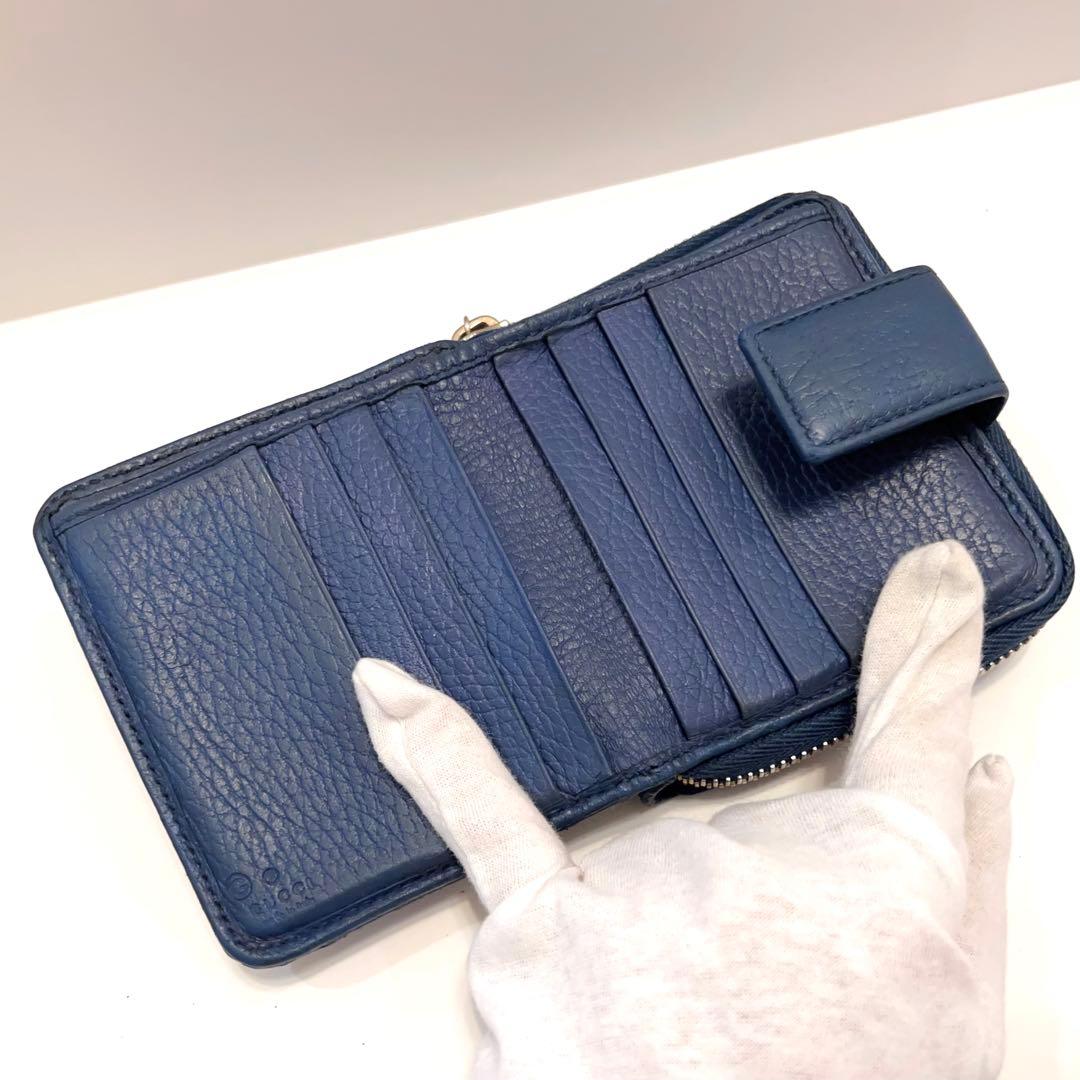 グッチ 折り財布 GGキャンバス GG ラウンドファスナー コンパクト ブルー