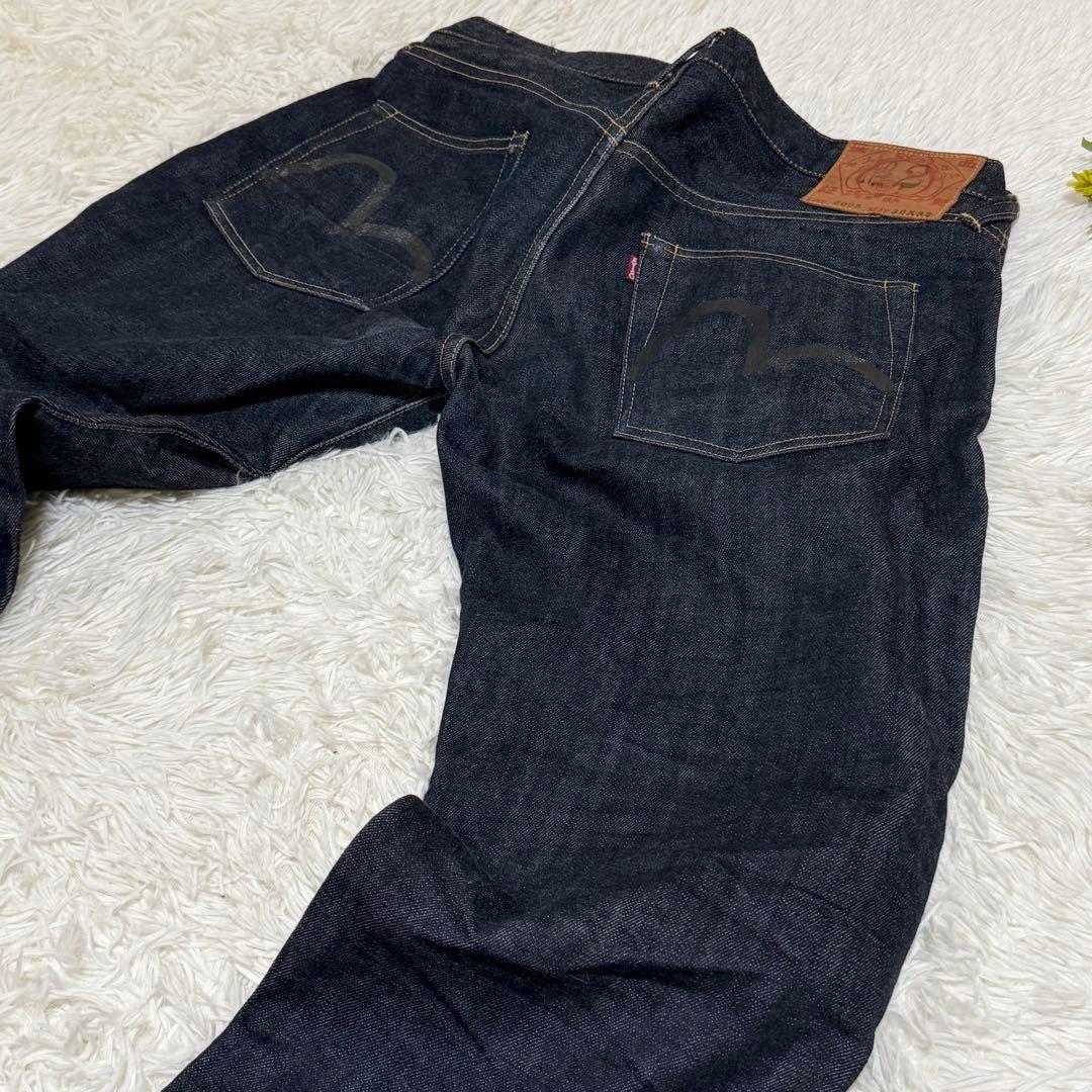 超美品　EVISU　ジーパン　黒ペイントカモメ　Ｖステッチ　赤耳　ボタンフライ