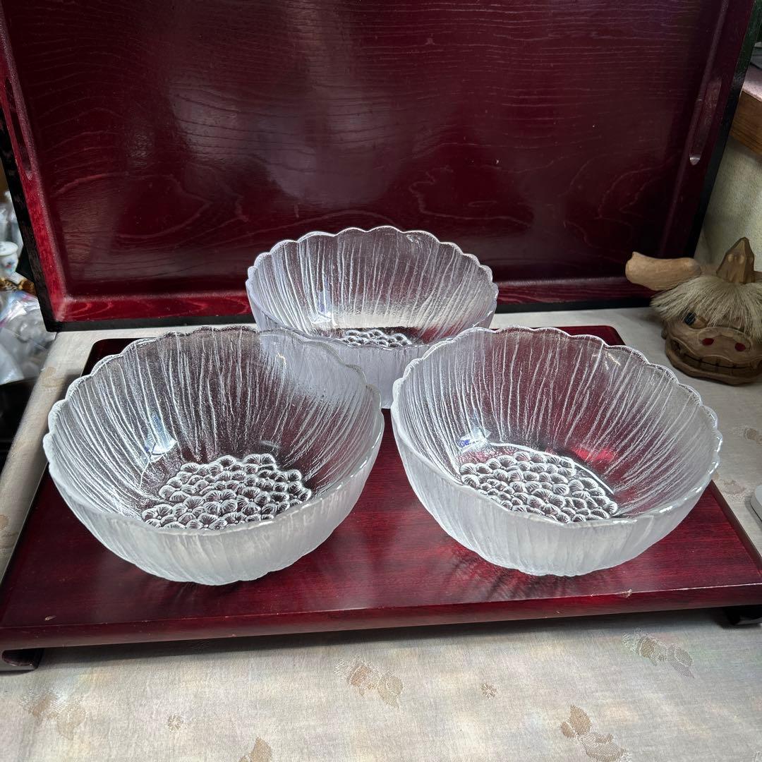 曽我ガラス そうめん鉢 ラーメン どんぶり 3客セット 切子 昭和レトロ