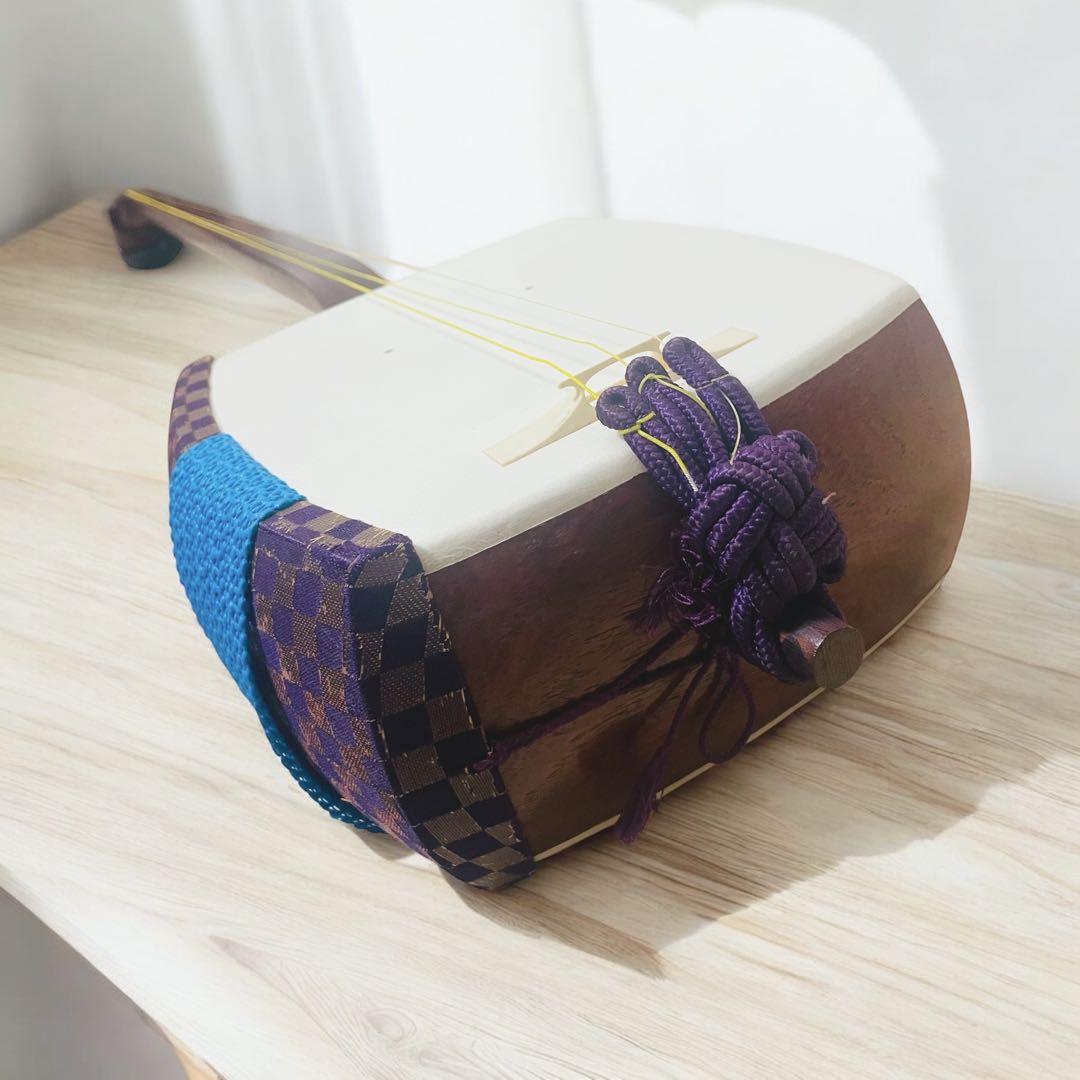 【市松文様✨】三味線 細棹 紫檀 正寸98cm 丸打胴 布ケース付き