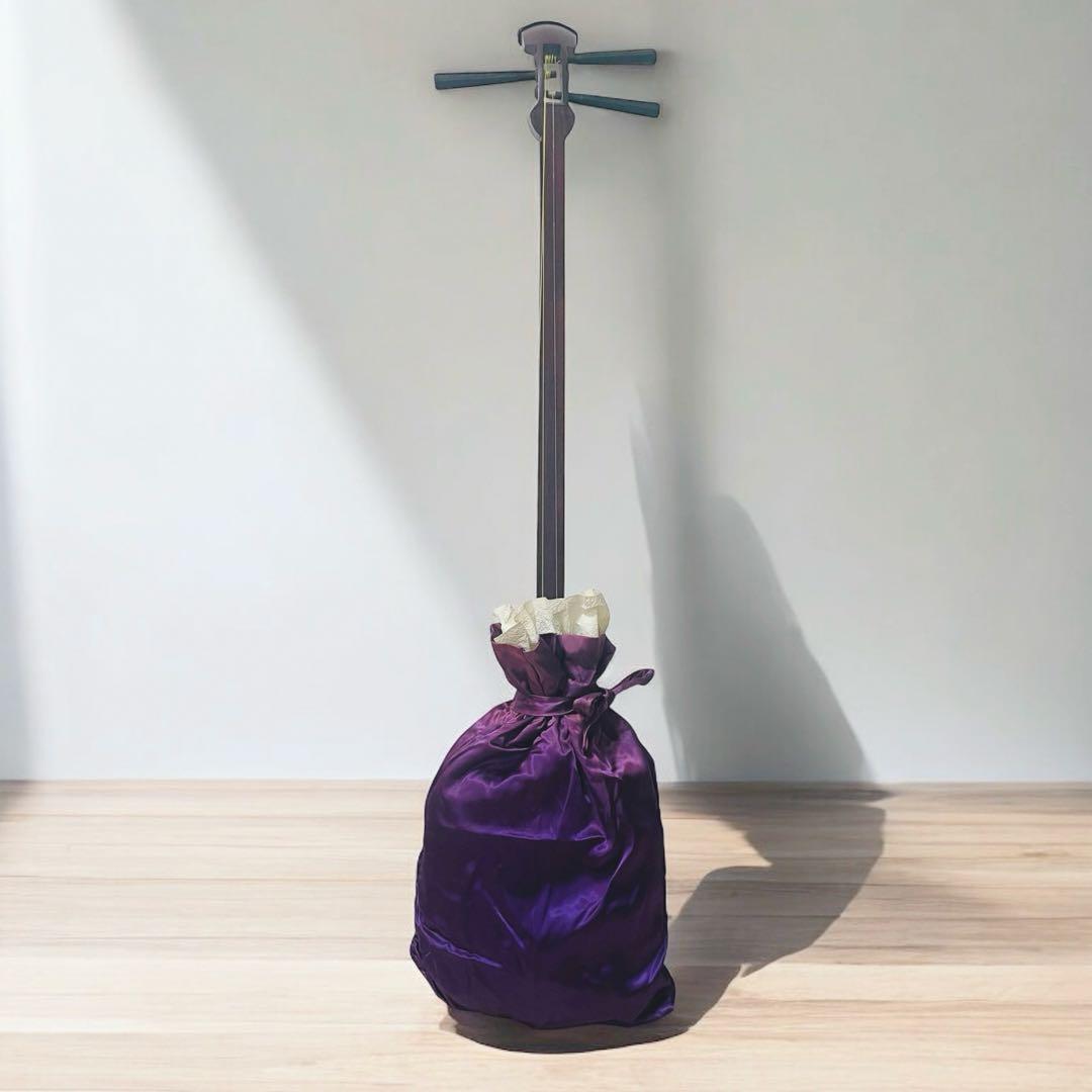 【市松文様✨】三味線 細棹 紫檀 正寸98cm 丸打胴 布ケース付き