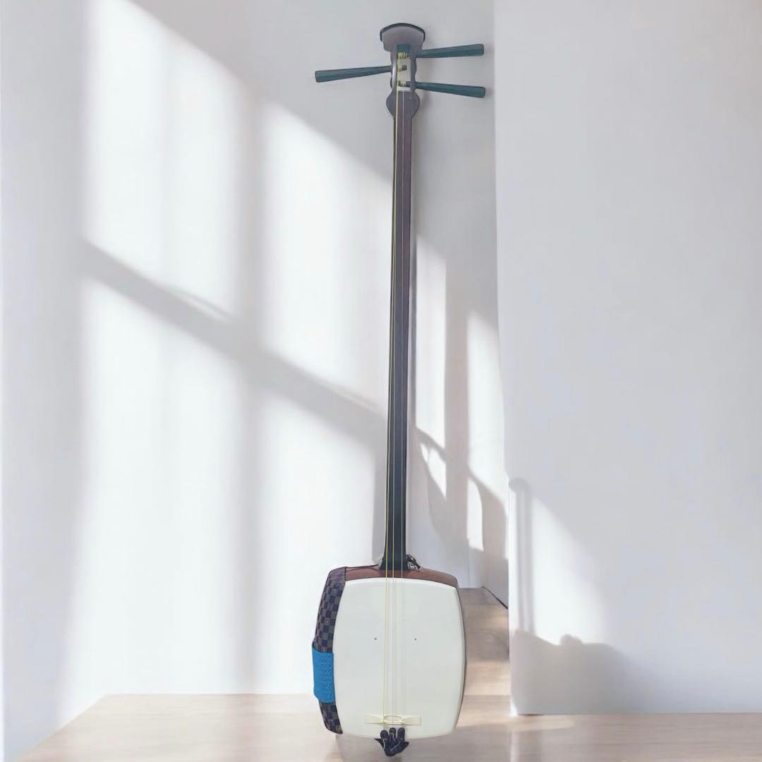 【市松文様✨】三味線 細棹 紫檀 正寸98cm 丸打胴 布ケース付き