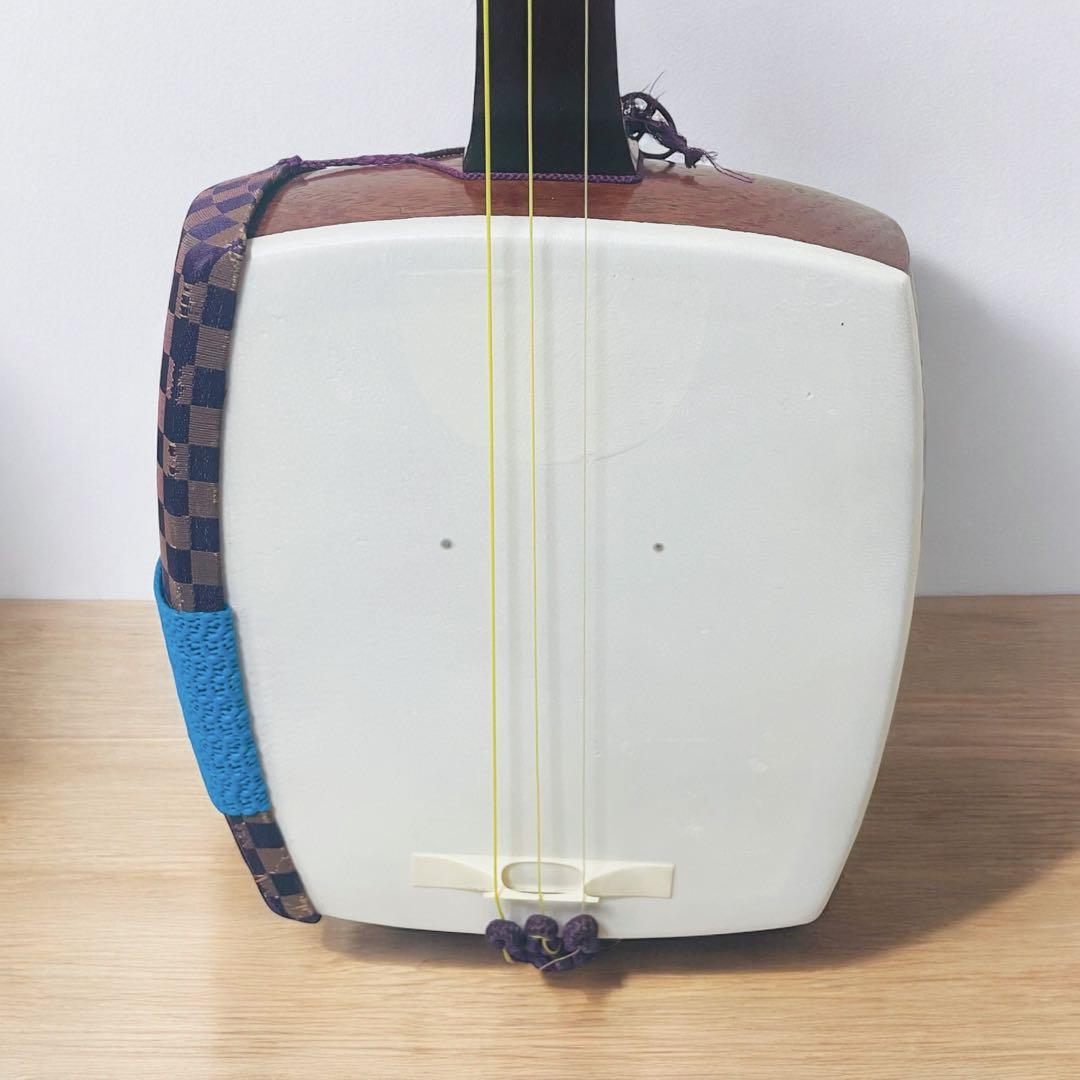 【市松文様✨】三味線 細棹 紫檀 正寸98cm 丸打胴 布ケース付き