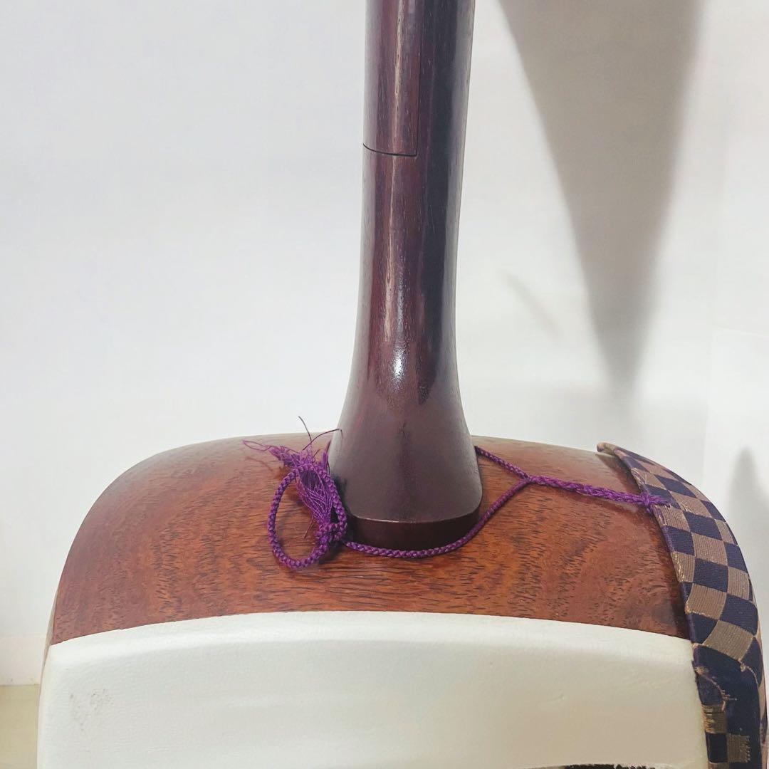 【市松文様✨】三味線 細棹 紫檀 正寸98cm 丸打胴 布ケース付き