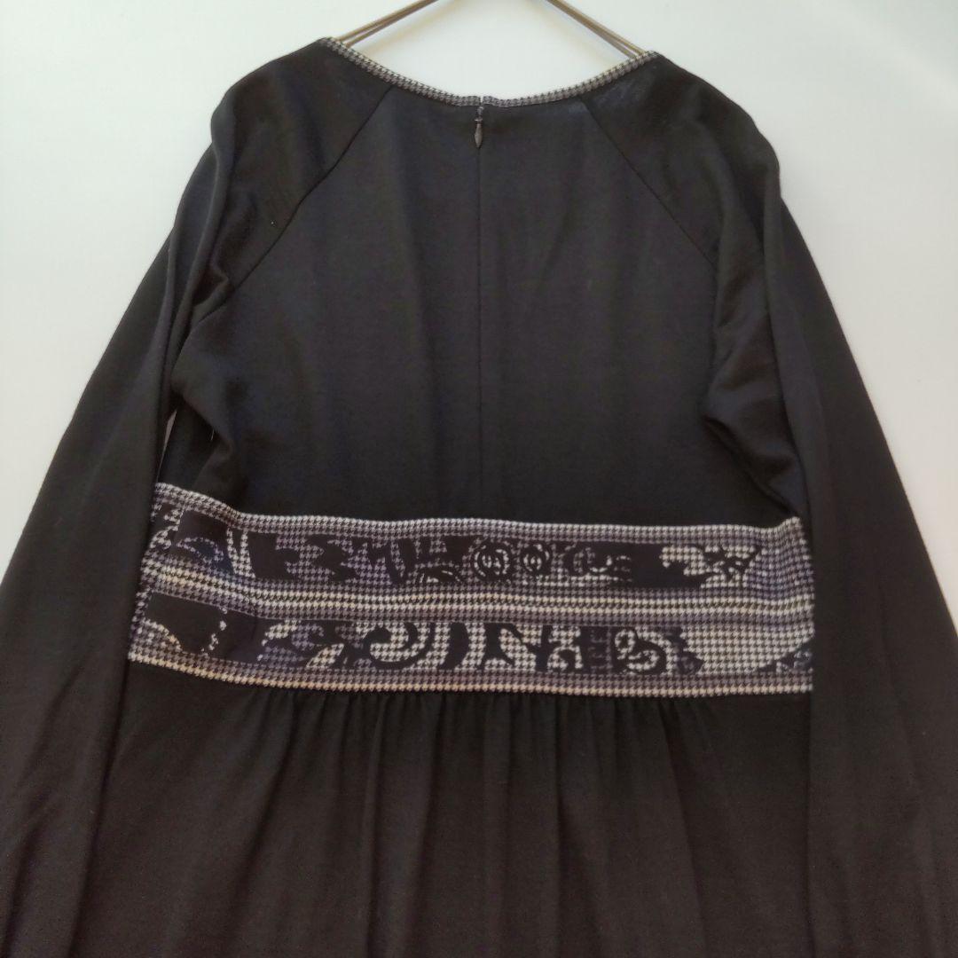 美品 レオナール 千鳥格子 長袖 ギャザー ひざ丈ワンピース トリム ブラック