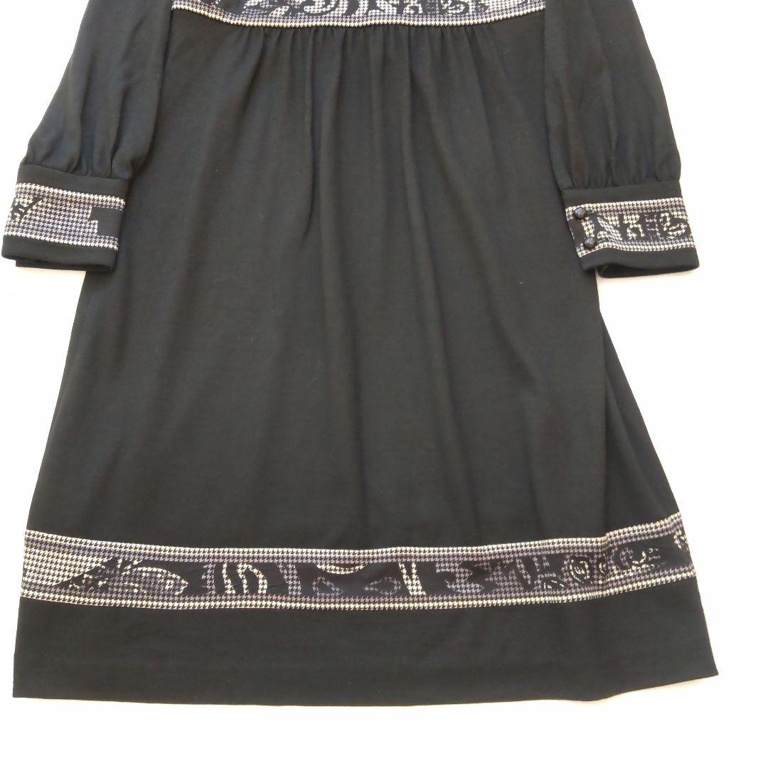 美品 レオナール 千鳥格子 長袖 ギャザー ひざ丈ワンピース トリム ブラック