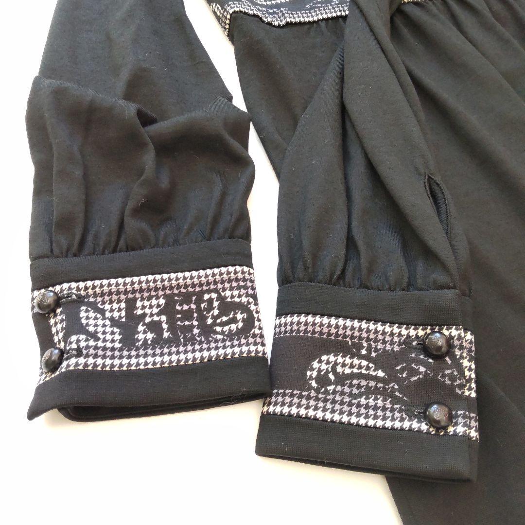 美品 レオナール 千鳥格子 長袖 ギャザー ひざ丈ワンピース トリム ブラック