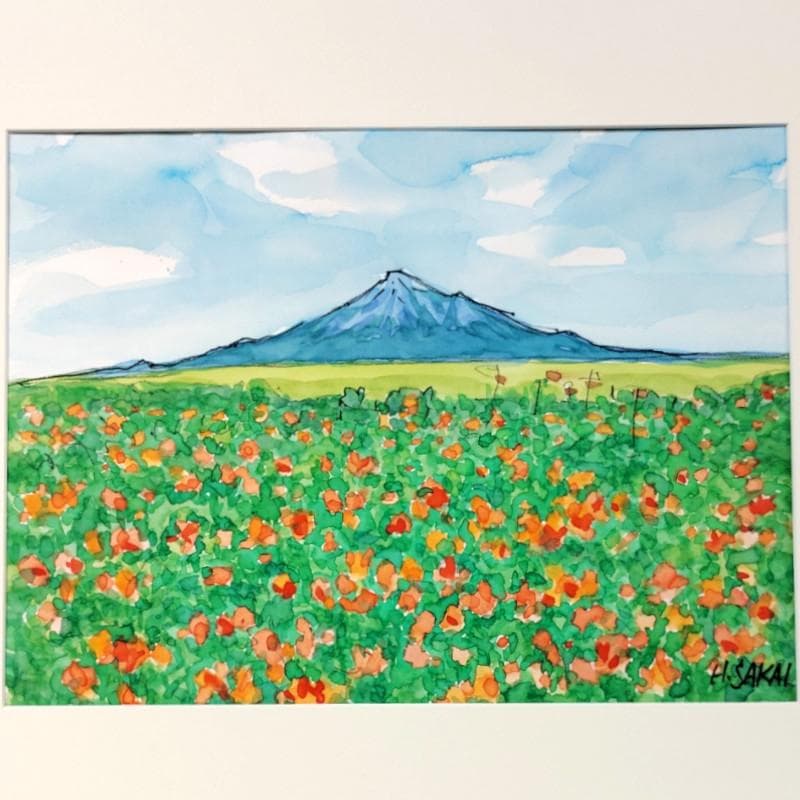 ☆ 境 肇 ☆「えぞスカシユリ咲く 利尻富士」水彩画 大衣 新品額！