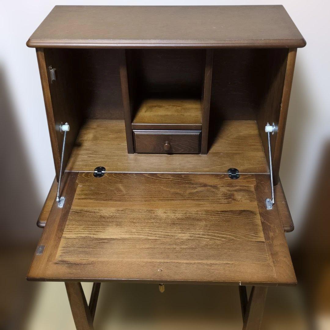 木製ブラウンデスク 引き出し付き 収納付ミニデスク。フリップトップ。