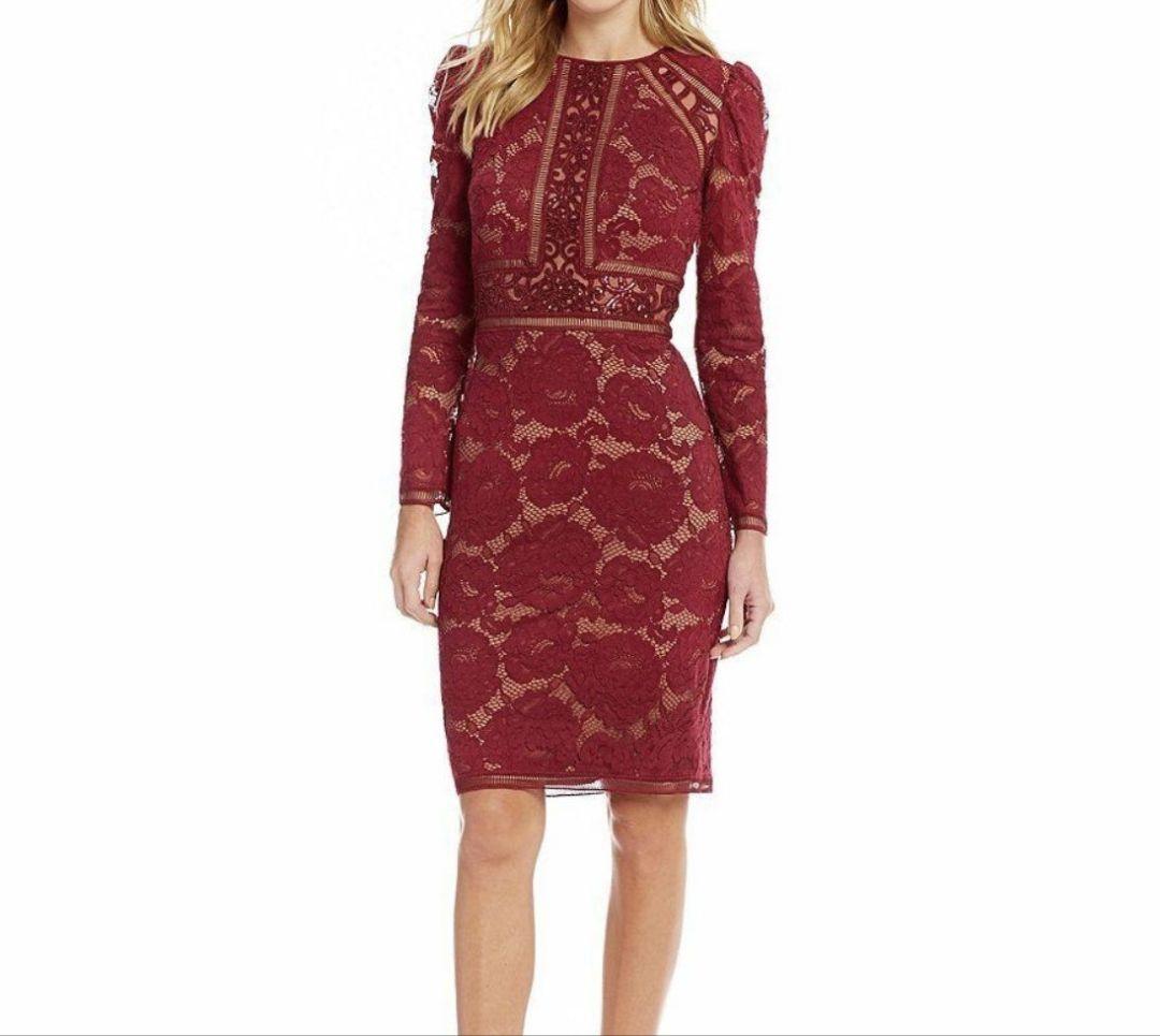 タダシショージ　8　レース膝丈　ワインレッド